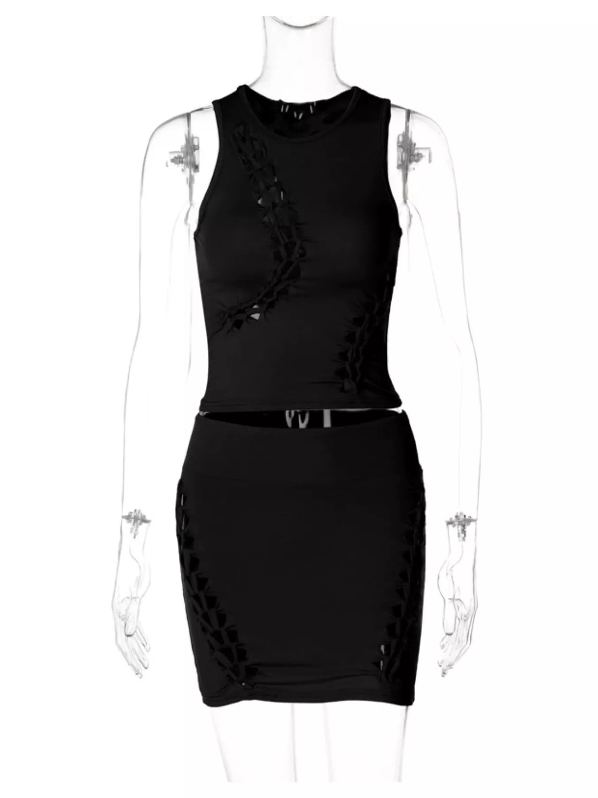 Sleeveless Cut-Out Bodycon Top and Mini Skirt Set — garment front