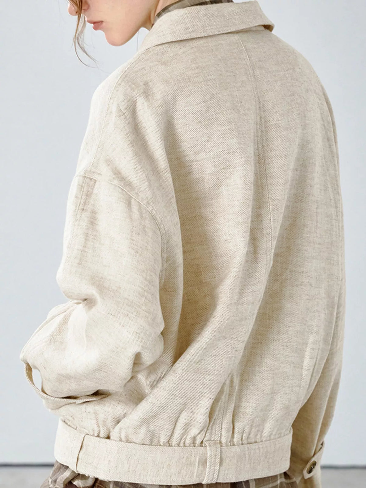 Cream belted dropped shoulder jacket — back view