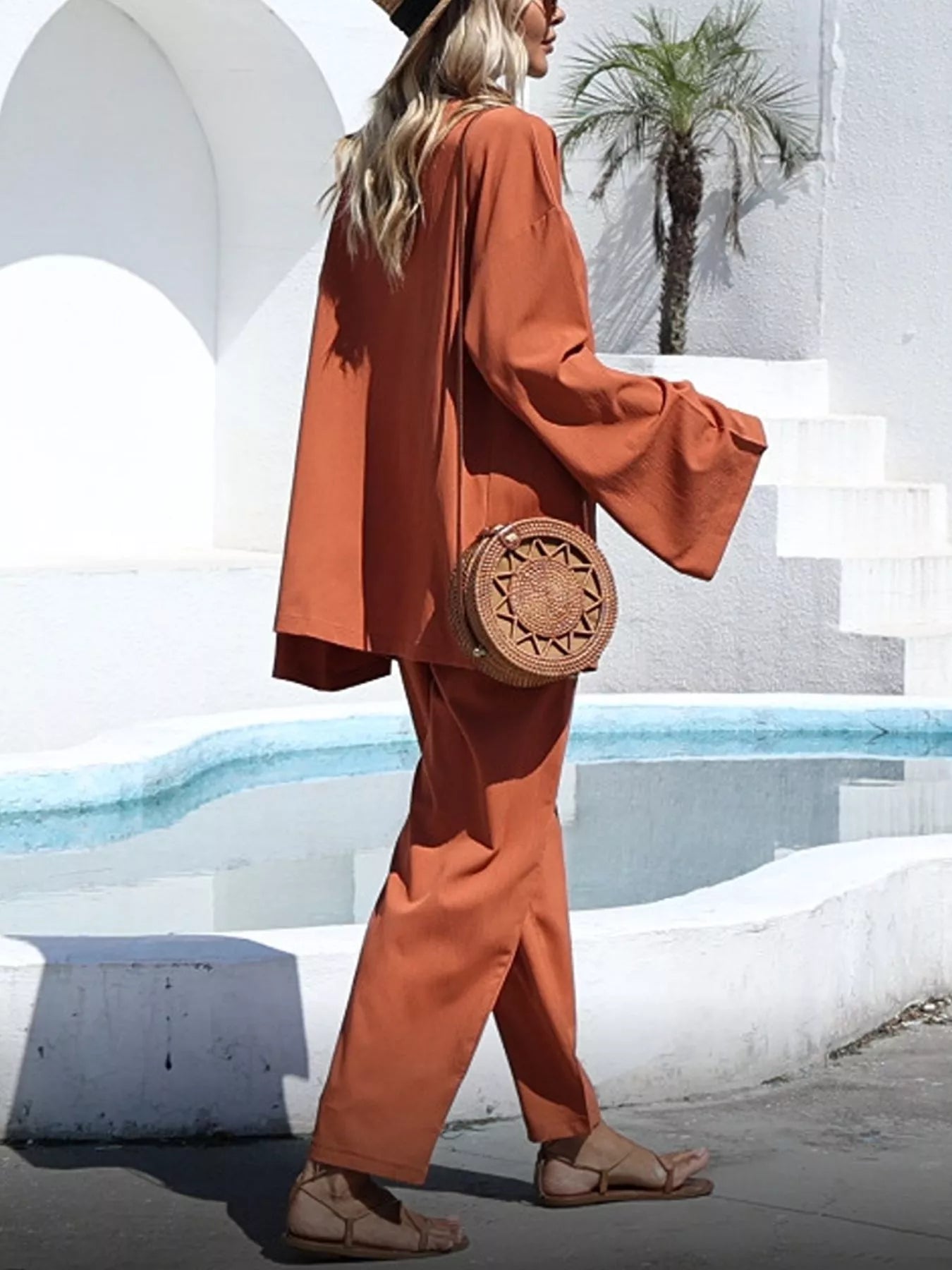 Trendsi Open-Front Cardigan and Wide Leg Pants Set -