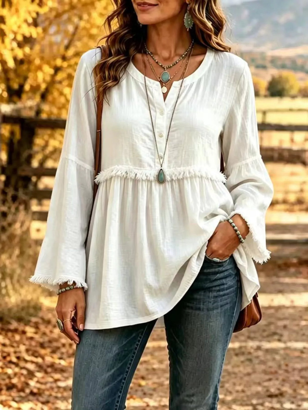 White fringed button detail blouse