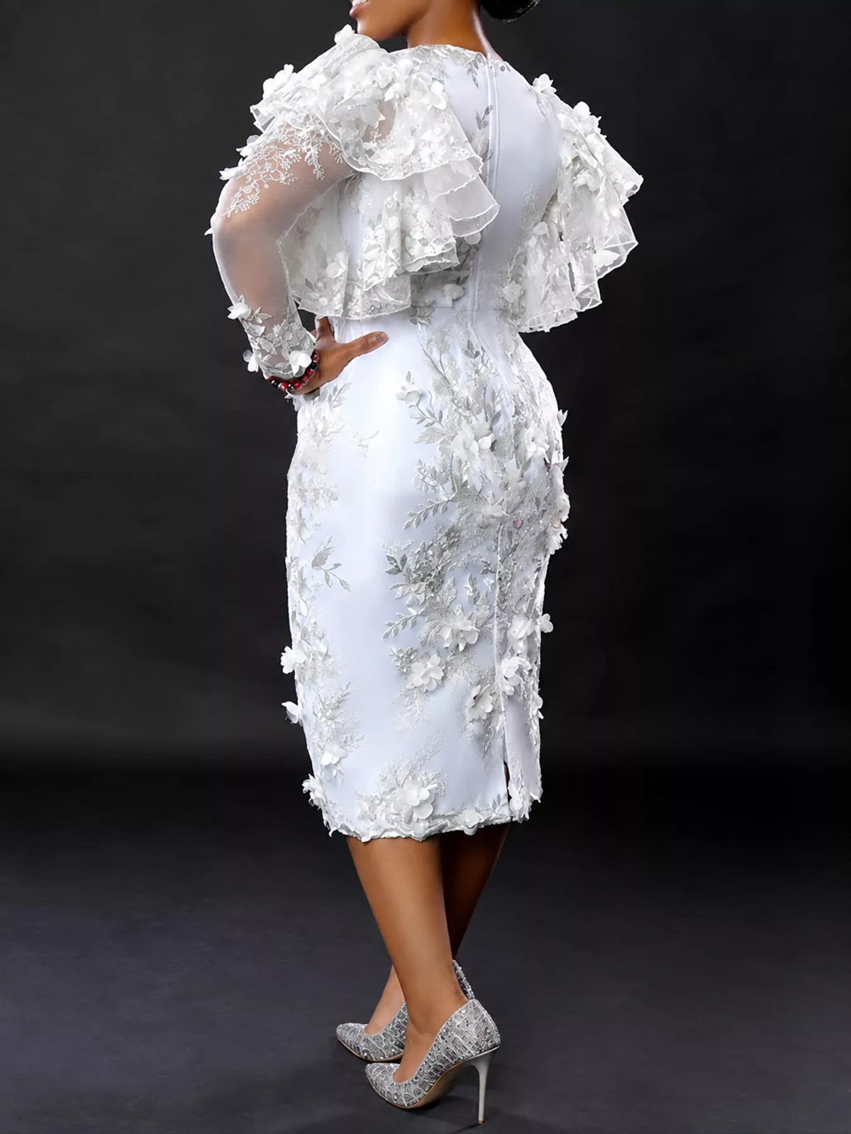 White floral embroidered sheer ruffle sleeve midi dress, back view