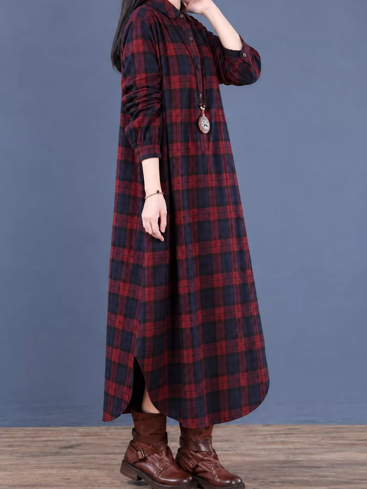 Vintage Plaid Long Sleeve Button-Down Maxi Dress in red and navy blue