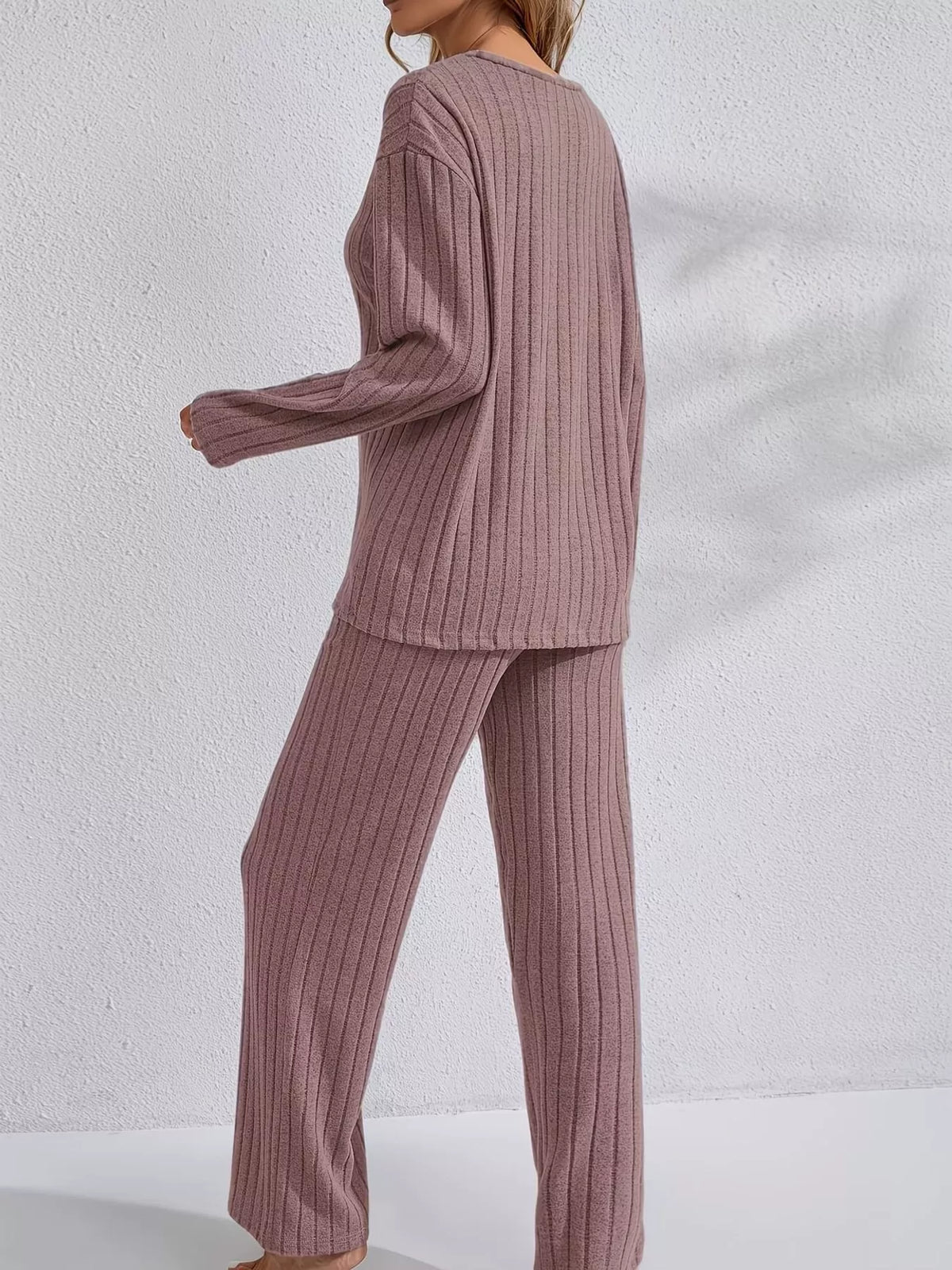 Ribbed Knit V-Neck Top and Pants Lounge Set, back view in mauve