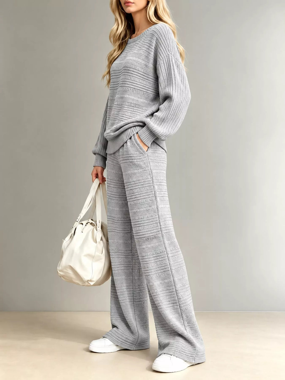 Ribbed Knit Top and Wide-Leg Pants Set — side view