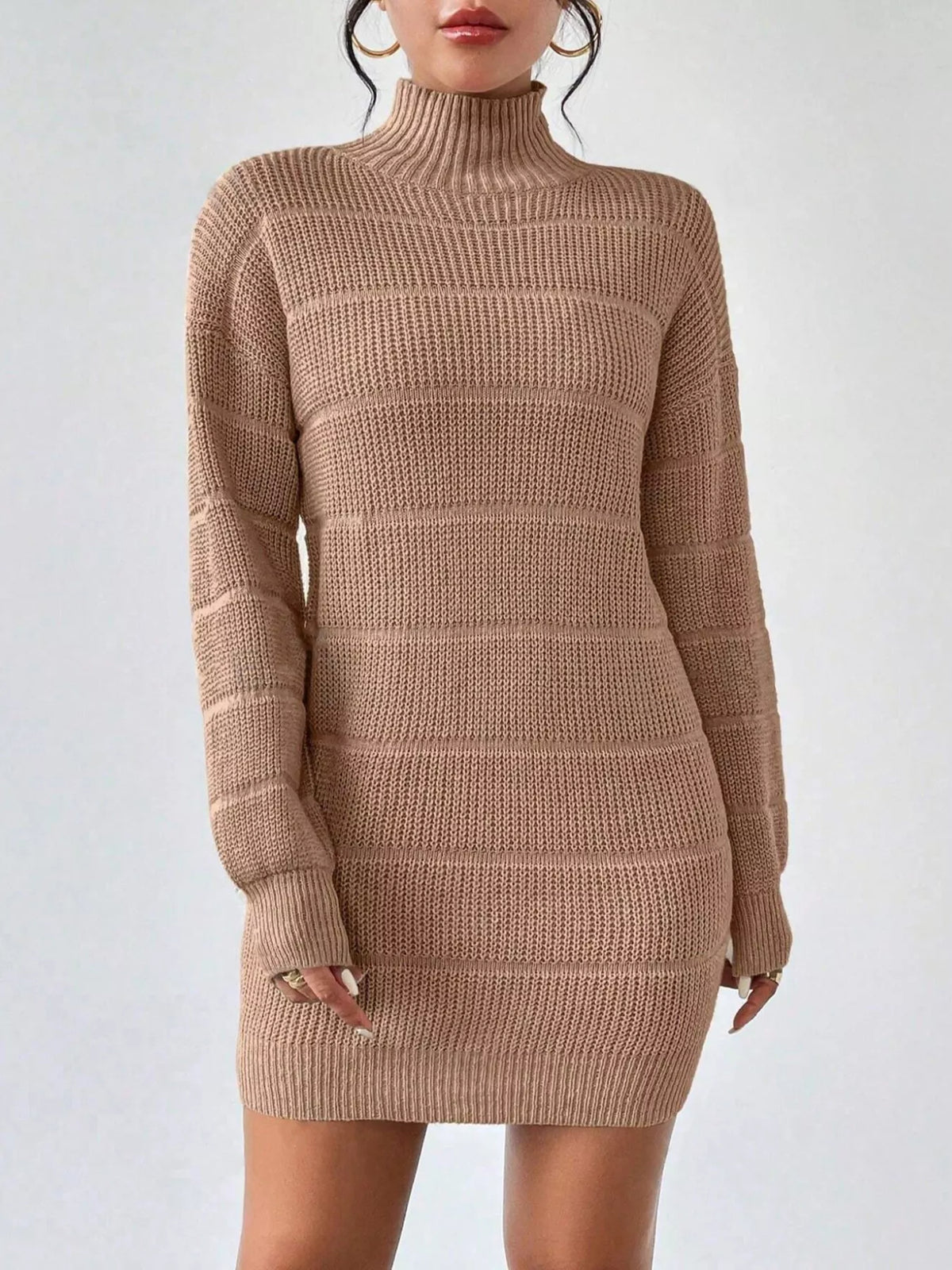 Women's Turtleneck Long Sleeve Sweater Dress in Light Gray, front view