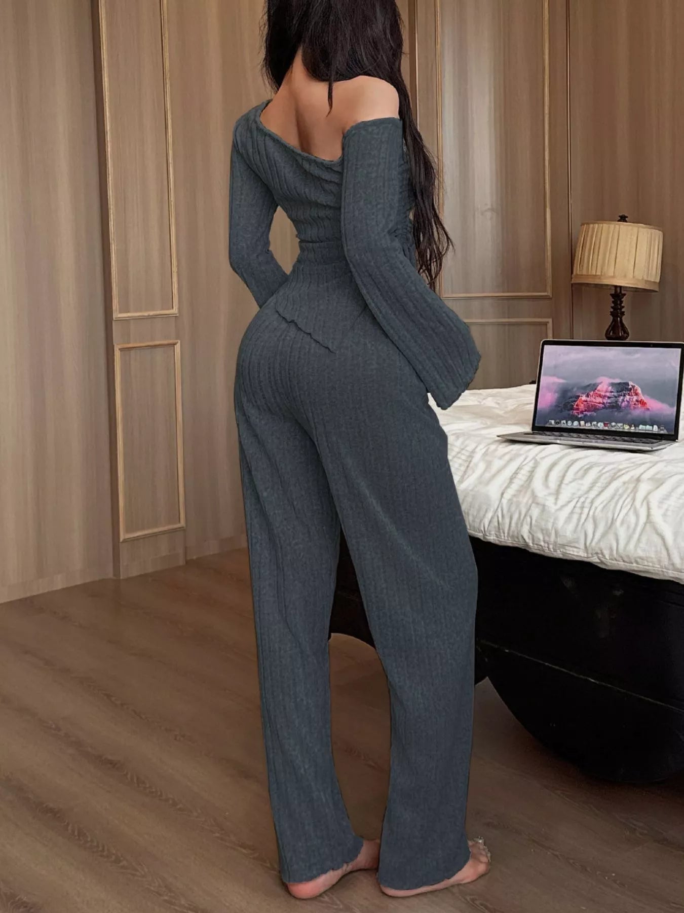 Trendsi One-Shoulder Ribbed Knit Top and Pants Set -