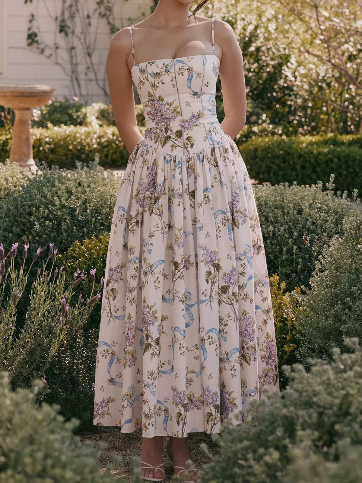 Women's Paneled Bodice Gathered Midi Dress in blue floral — front view