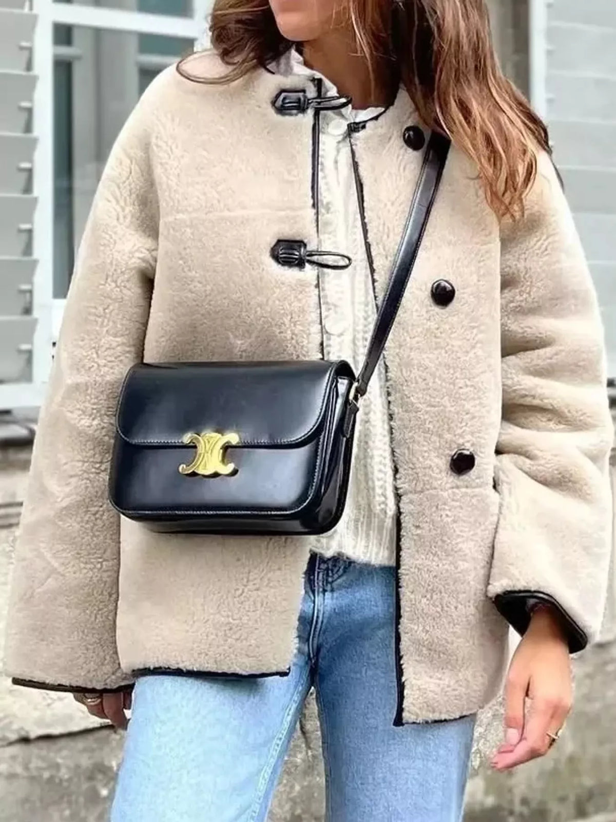 Beige faux shearling toggle coat, front view