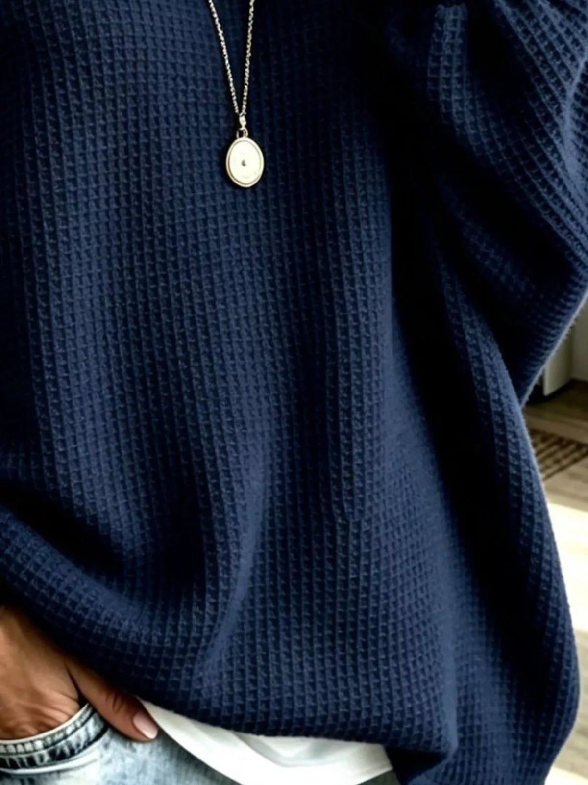 Women's Waffle Knit Boat Neck Sweatshirt in navy — texture detail view