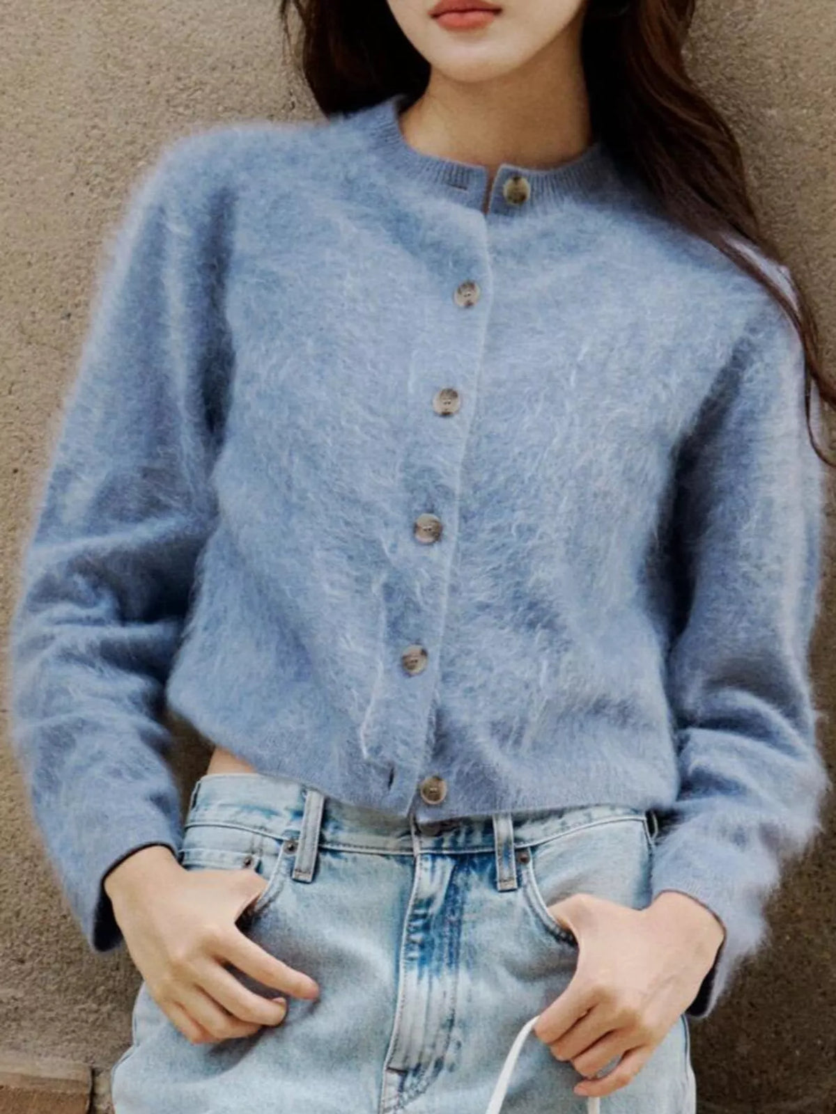 Blue fuzzy button up cropped cardigan