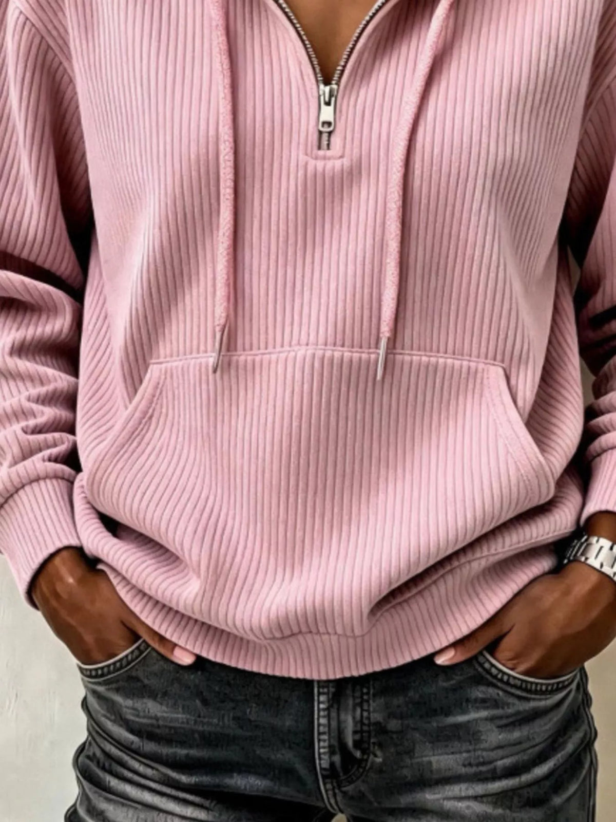Ribbed Knit Quarter-Zip Hoodie, pocket detail