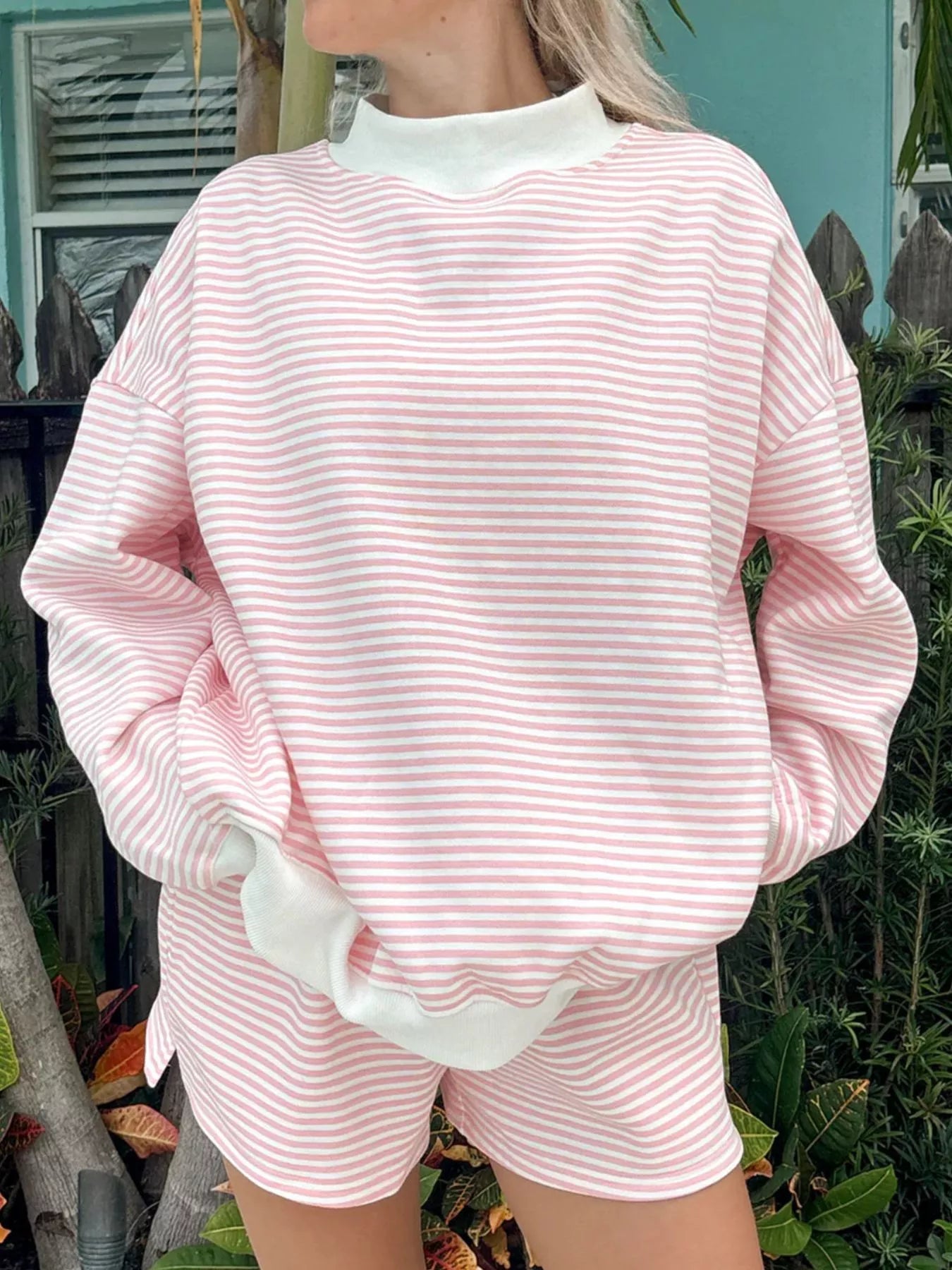 Trendsi Striped Mock Neck Sweatshirt and Shorts Set -