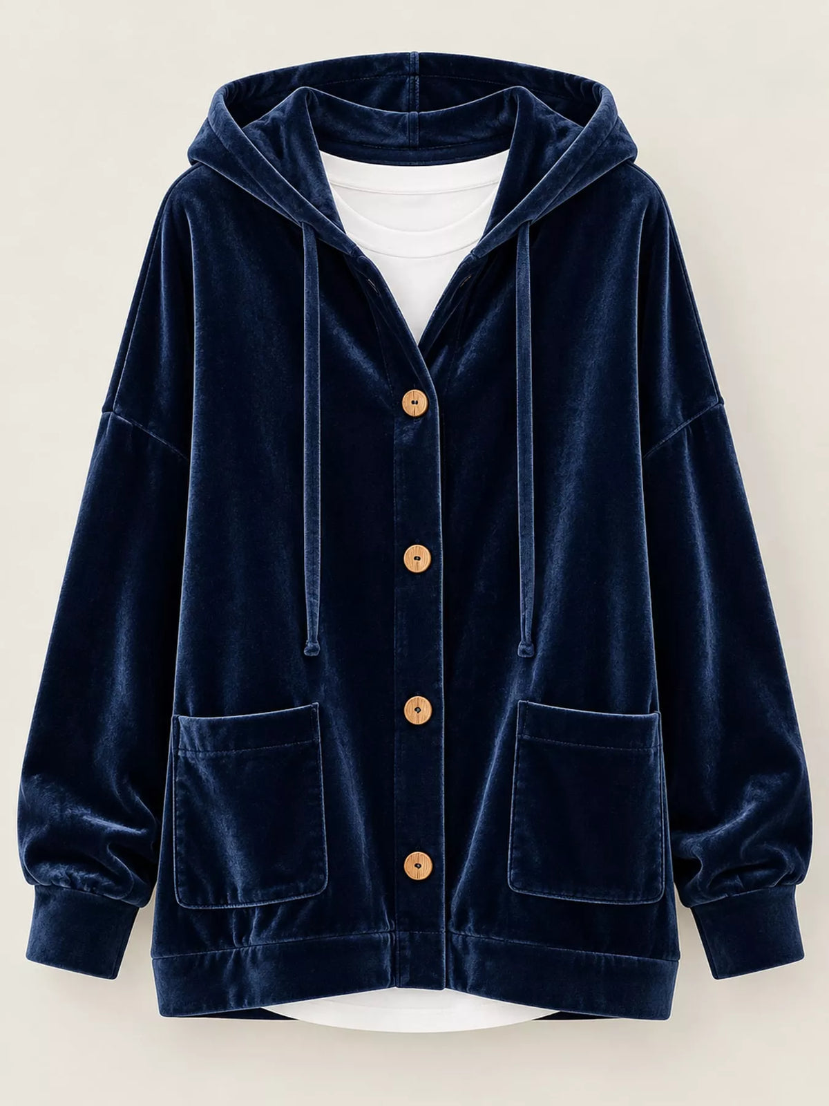 Navy blue velvet dropped shoulder hoodie, front view