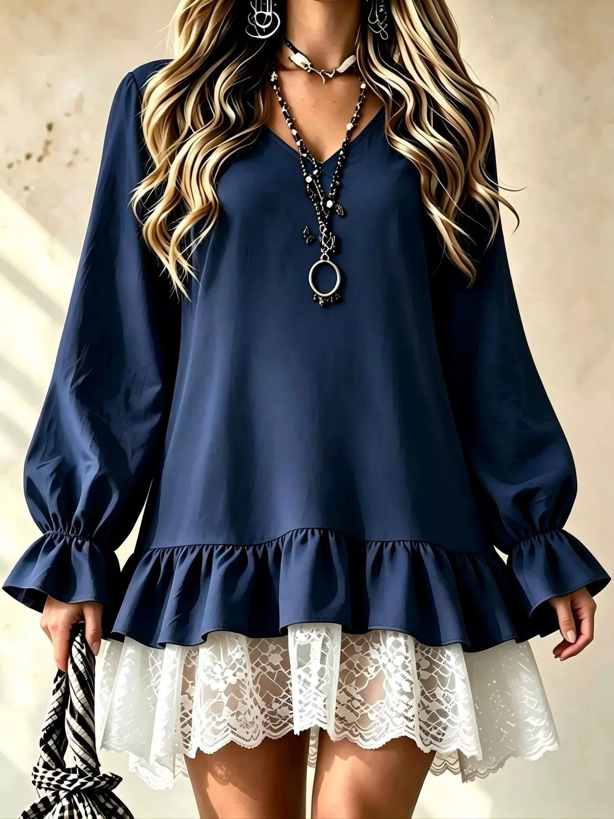 Lace-hem dress, navy front
