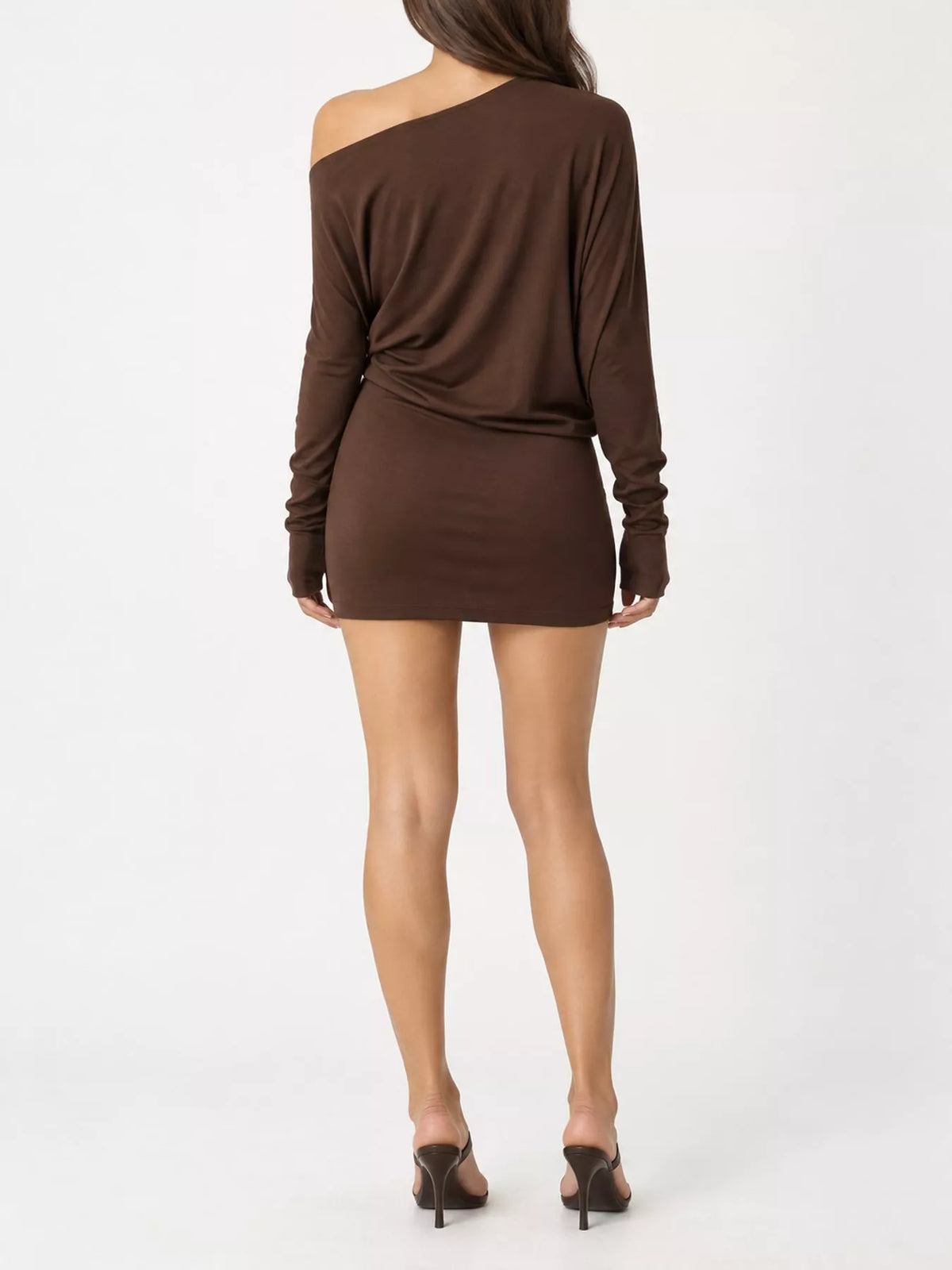 Women's One Shoulder Knit Mini Dress in brown — back view