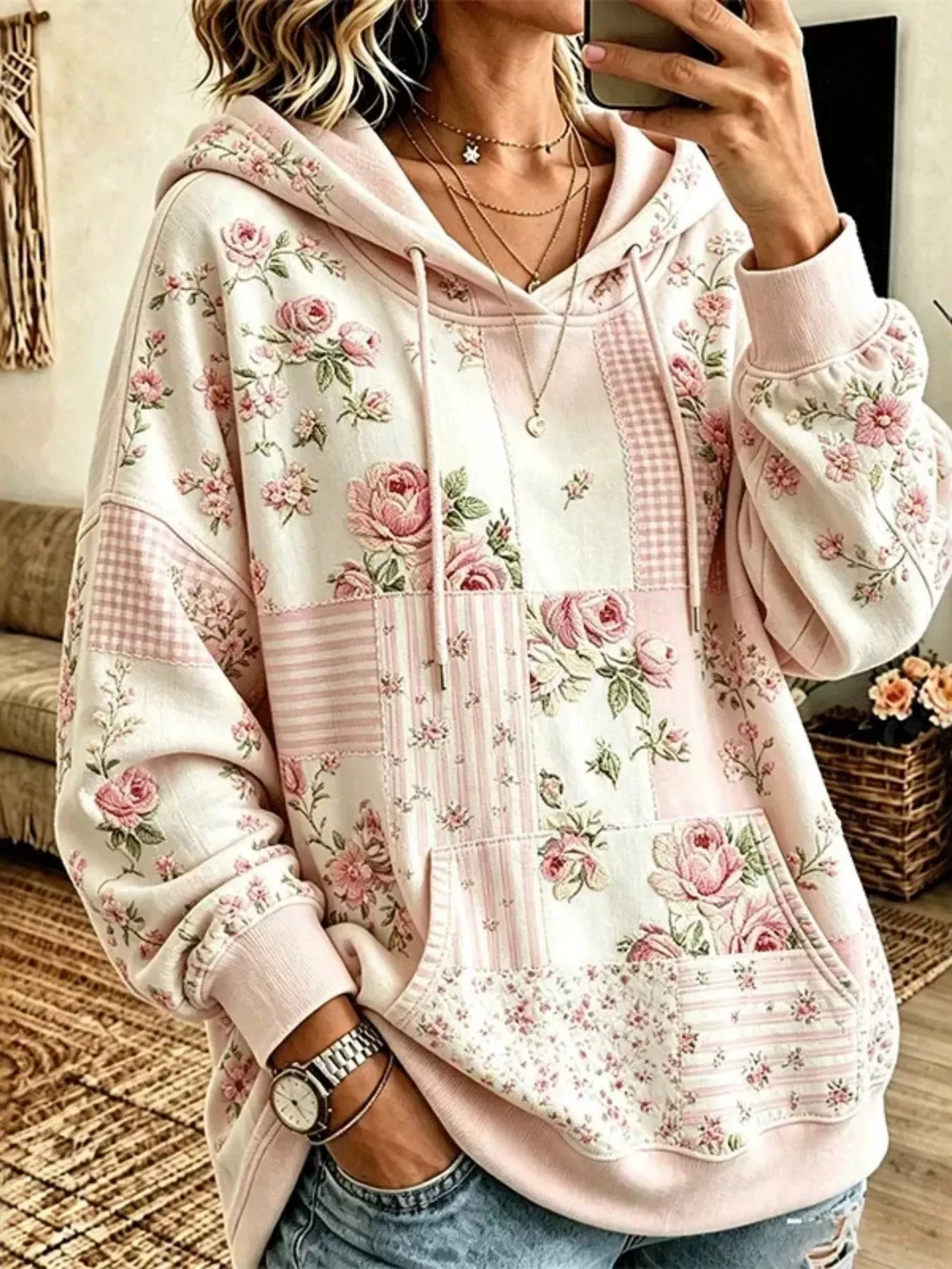 Cream and pink floral drawstring dropped-shoulder hoodie, front view.