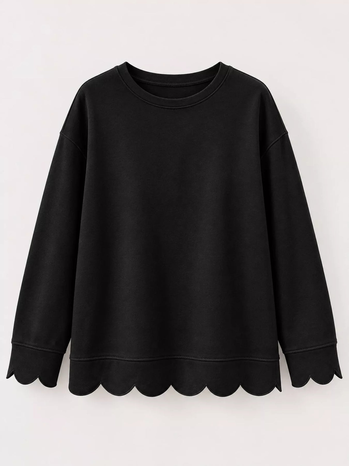 Black scalloped hem crewneck sweatshirt