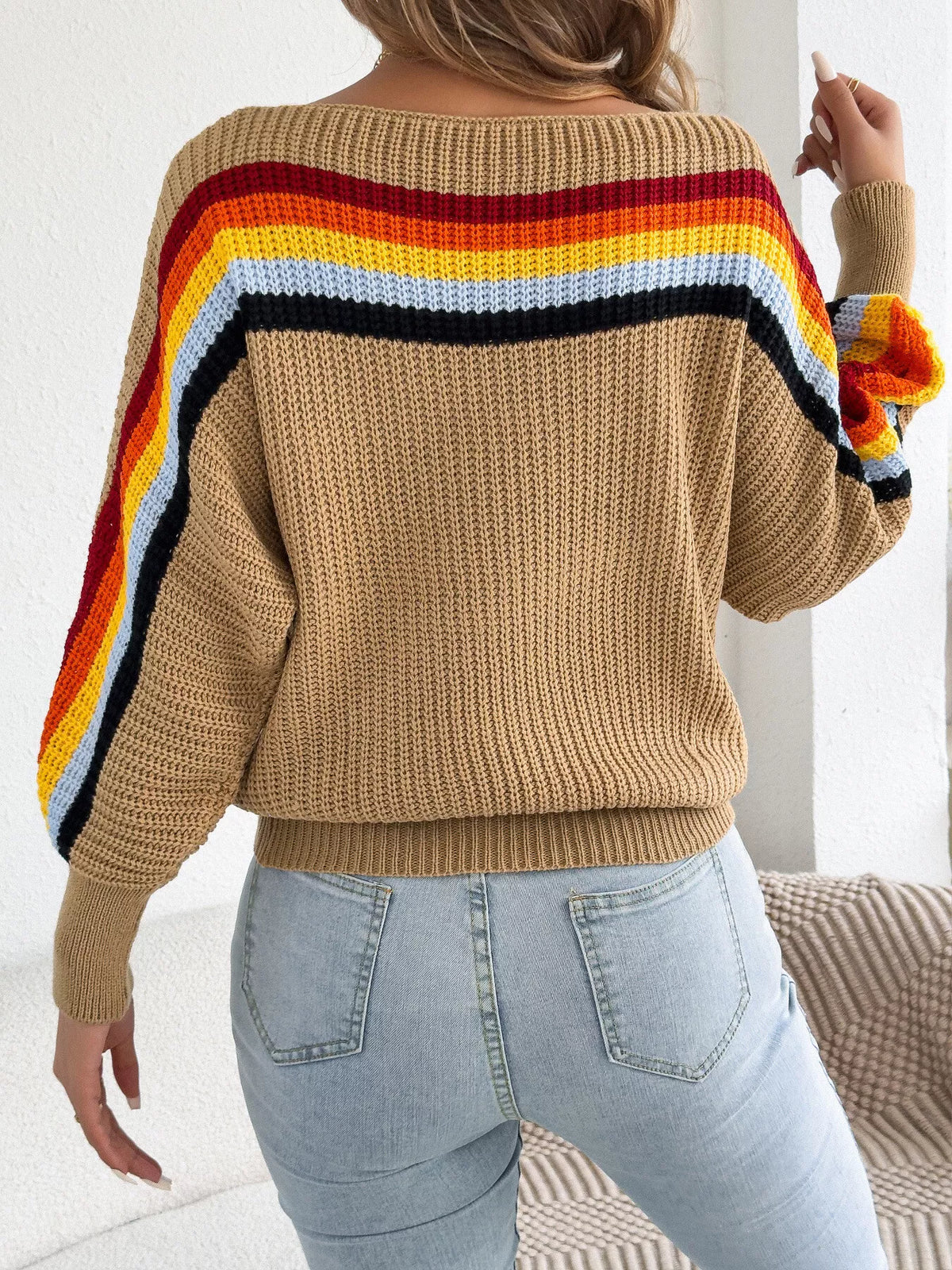 Striped Knit Boat Neck Sweater in camel, back view