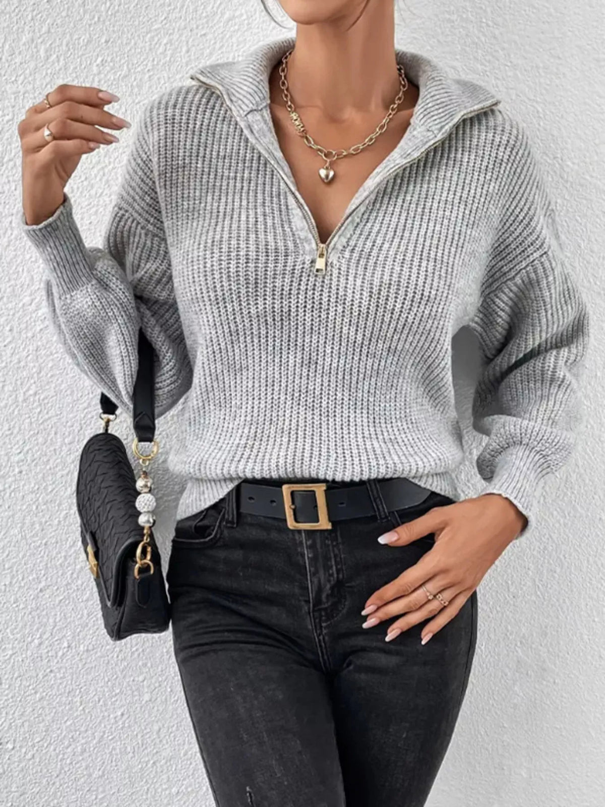 Women's Quarter-Zip Dropped Shoulder Sweater in Black, alternate view