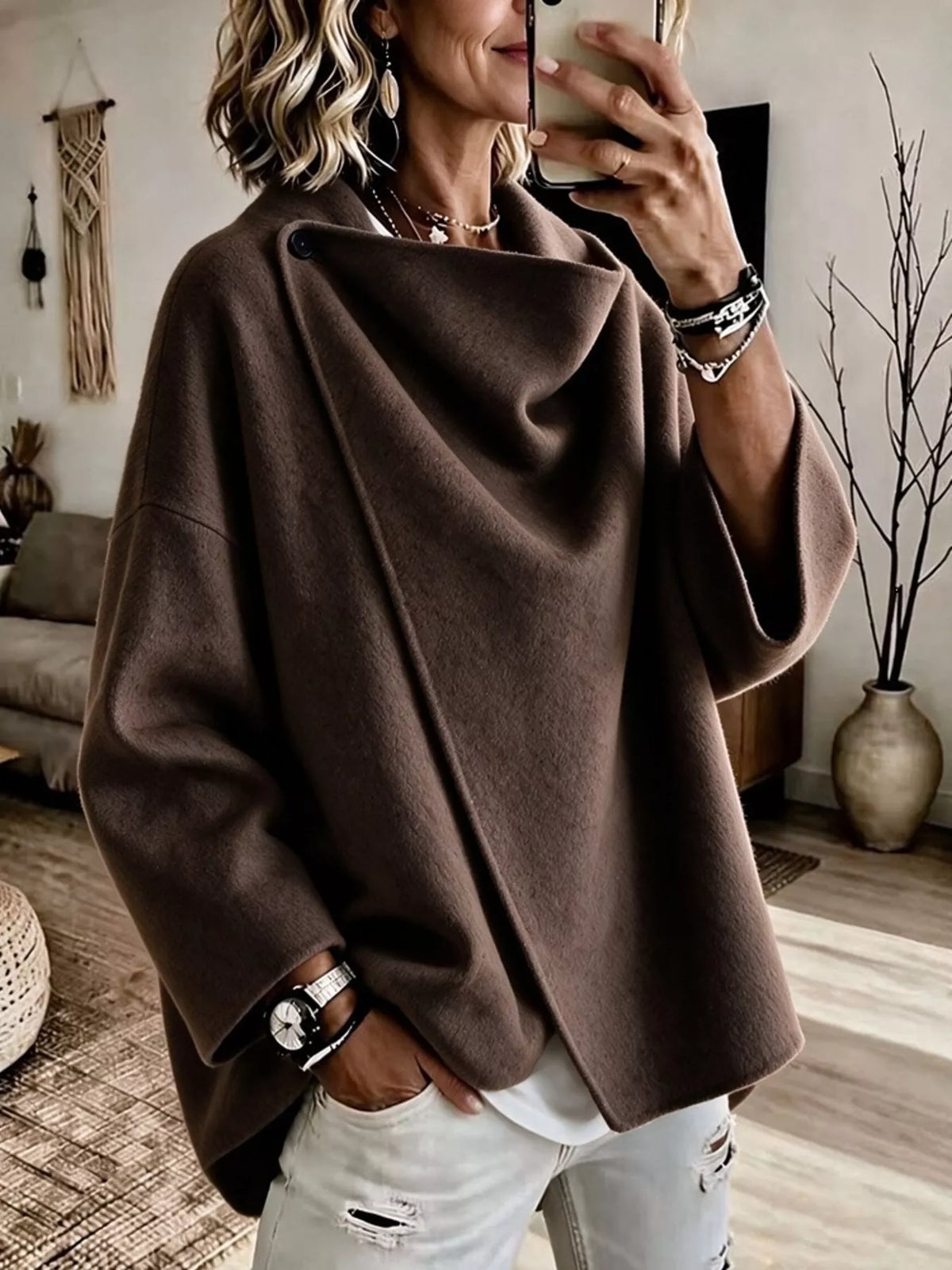 Brown asymmetric cowl neck cape-style jacket
