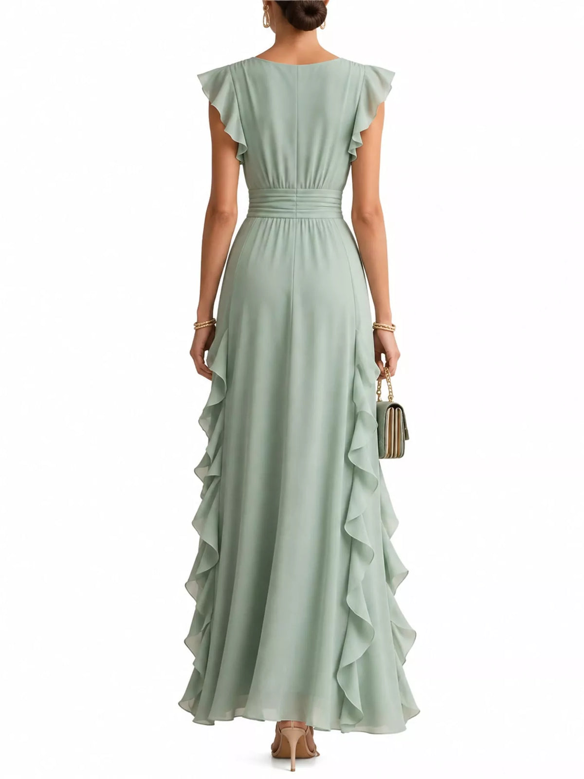 Sage green ruffled surplice maxi dress, back view
