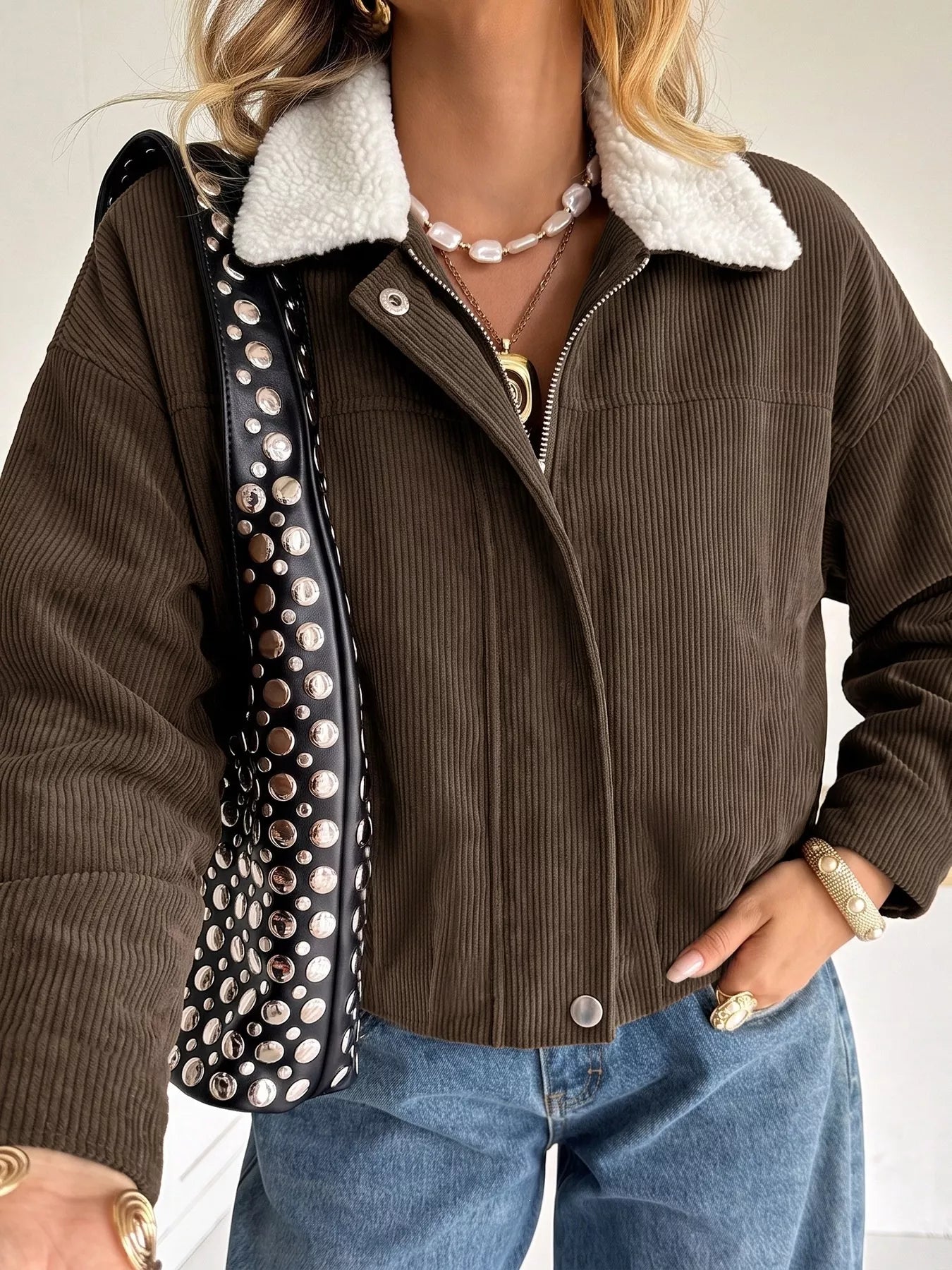Trendsi Contrast Sherpa Collar Corduroy Zip Up Jacket -