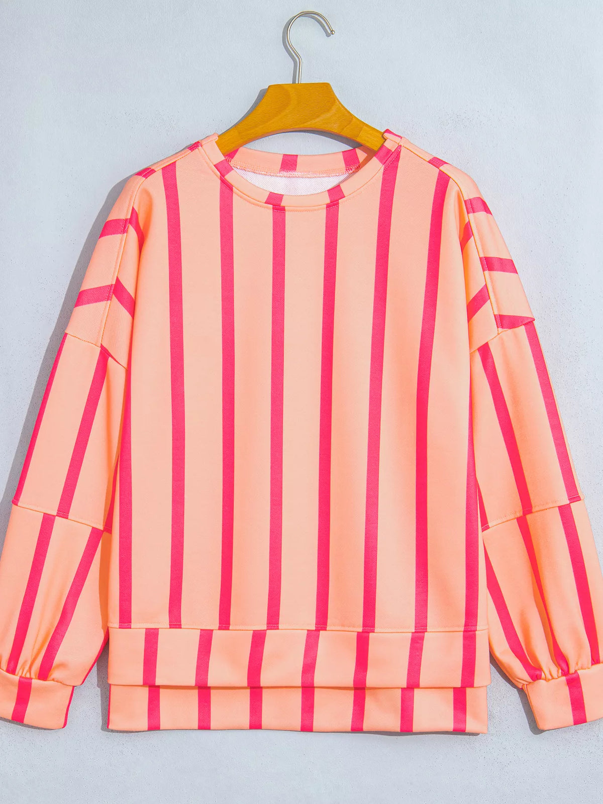 Watermelon pink stripe dropped shoulder round neck sweatshirt