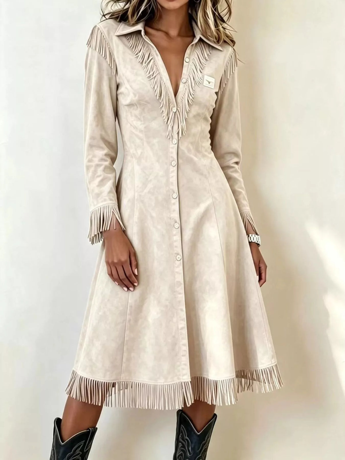 Long Fringe Button-Front Jacket in beige, front view