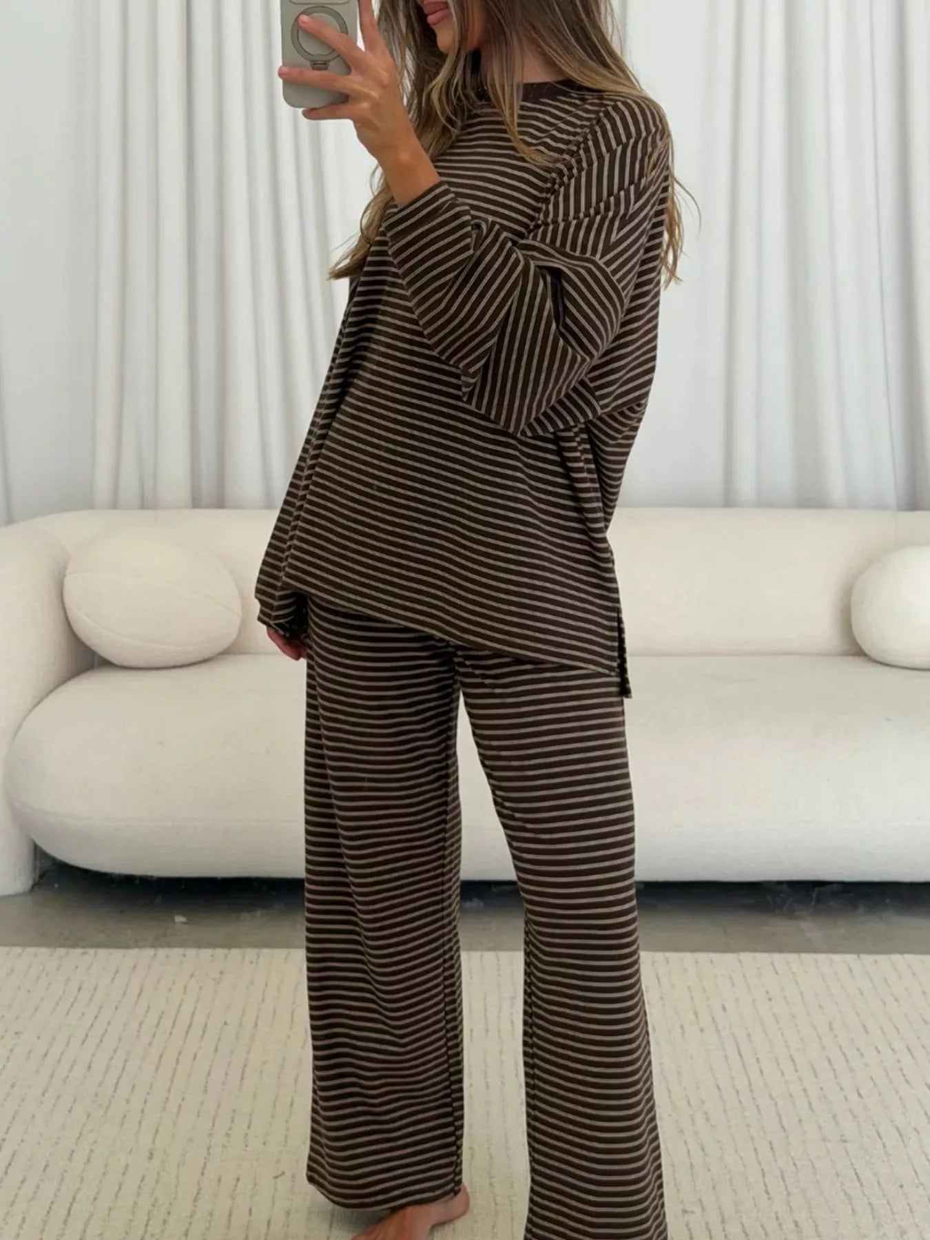 Trendsi Striped Long Sleeve Top and Wide Leg Pants Set -