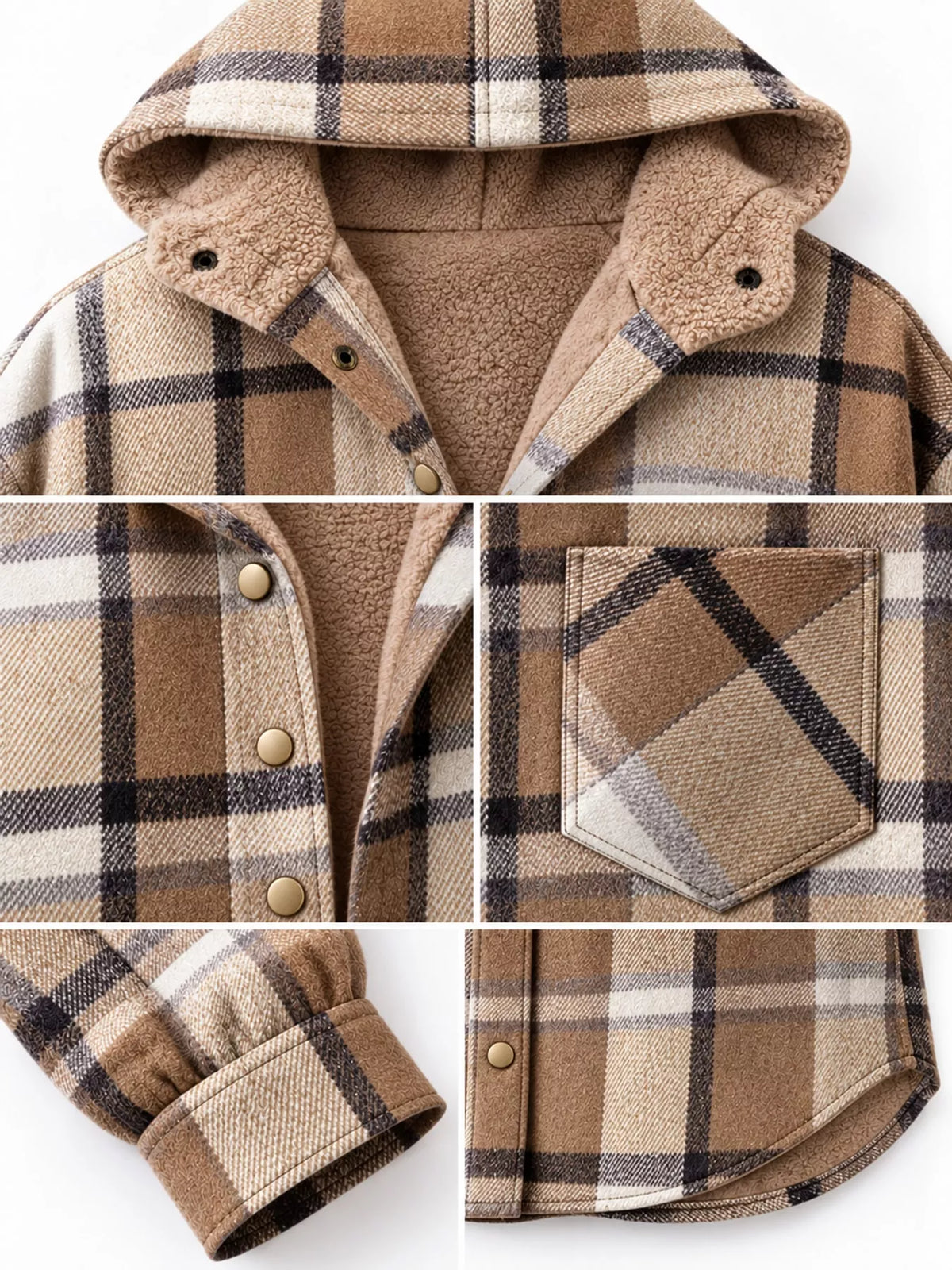 Khaki plaid hooded button up jacket