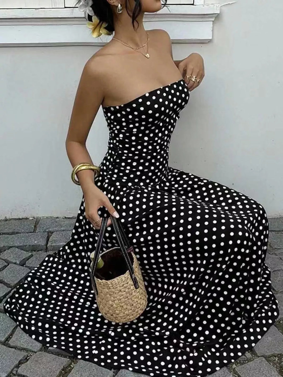 Women's Strapless Polka Dot Ruched Maxi Dress in black dots — front view