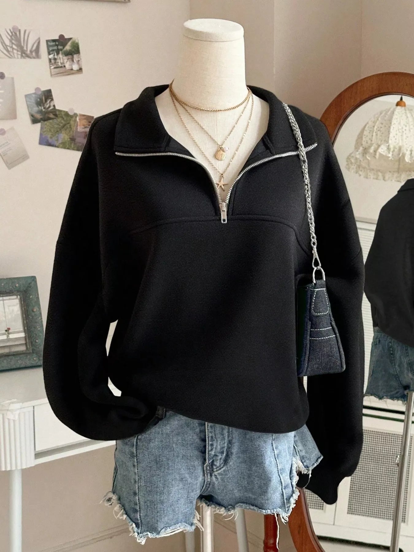 Trendsi Quarter-Zip Dropped Shoulder Sweatshirt -
