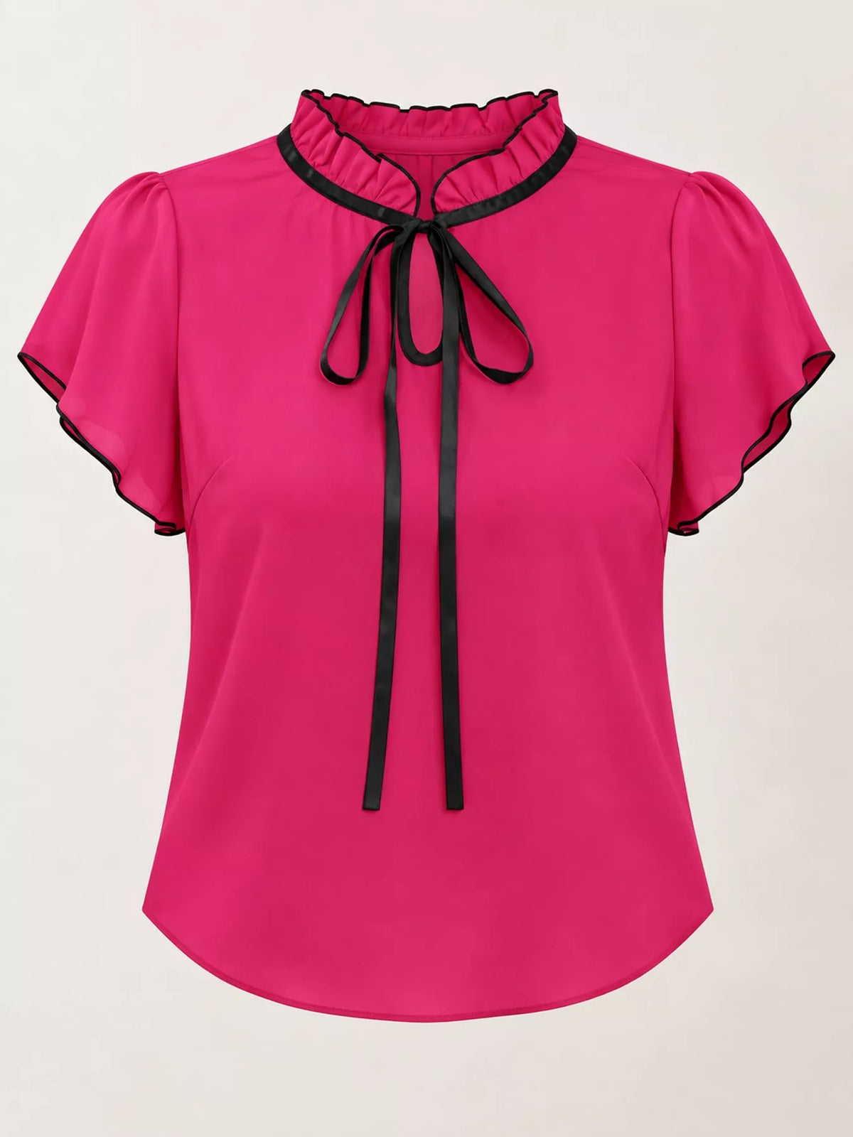 Contrast Trim Ruffle Sleeve Tie-Front Blouse in pink and black