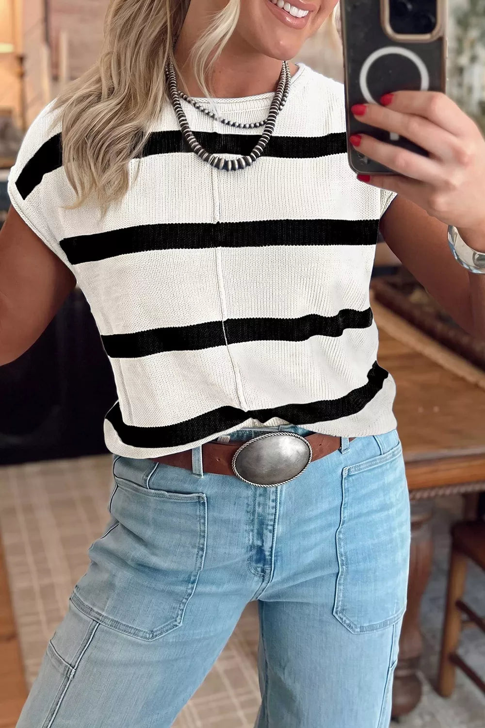 Trendsi Stripe Knit Western Short Sleeve Sweater -