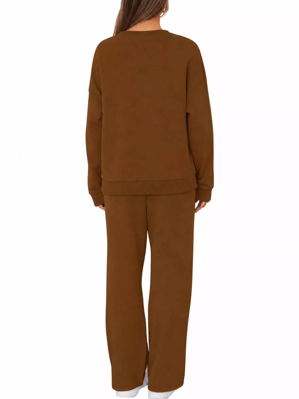 Crewneck Drop Shoulder Sweatshirt and Wide-Leg Pants Set — back view