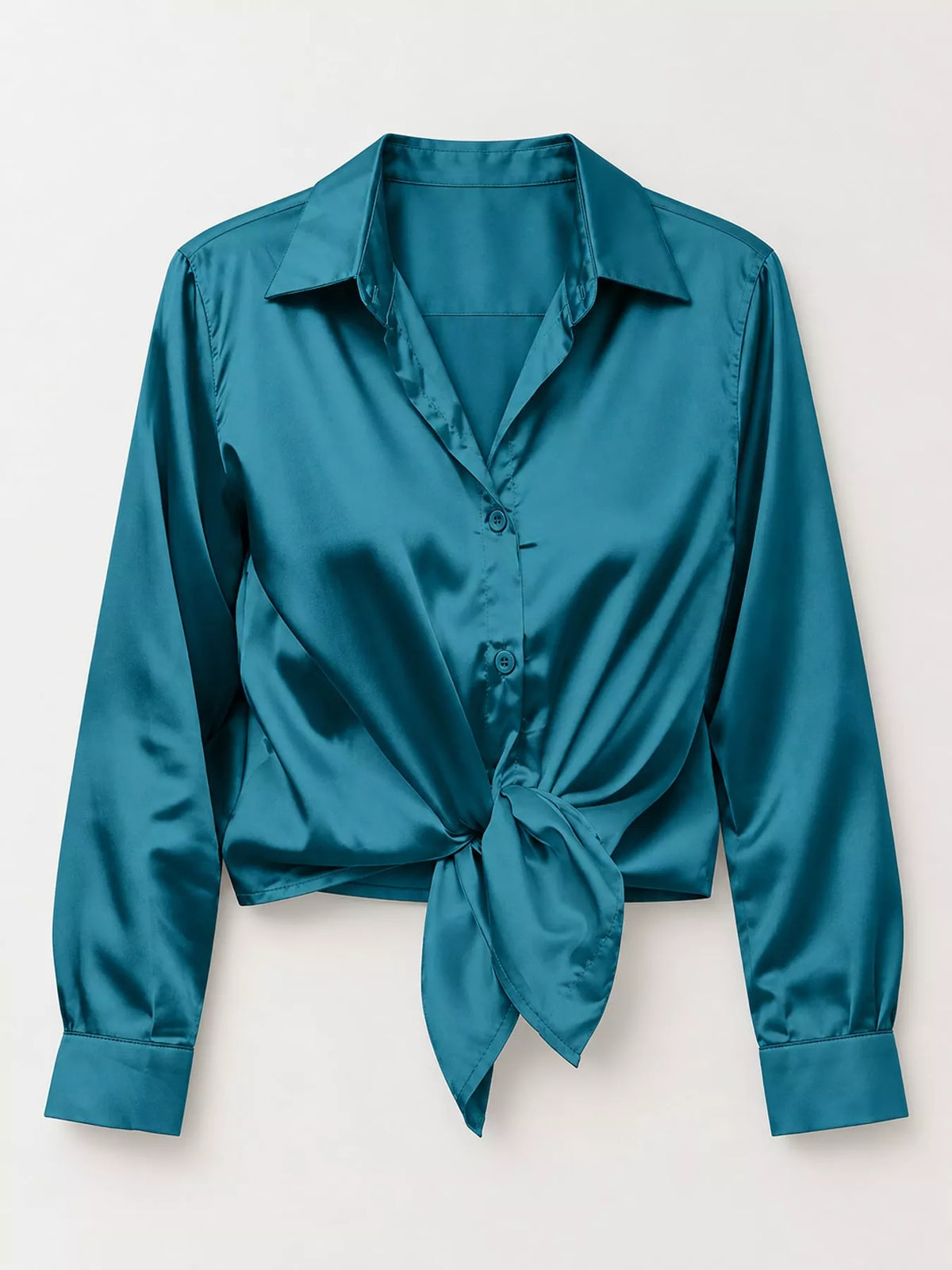 Peacock Green satin button-down long sleeve shirt