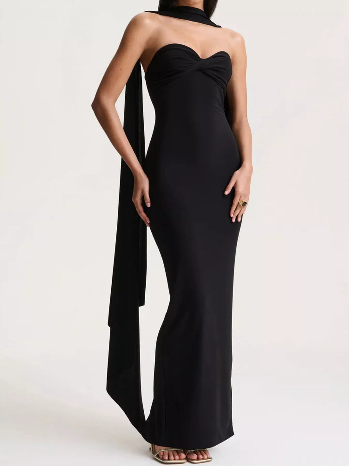 Black strapless ruched bodycon maxi dress with scarf, front view