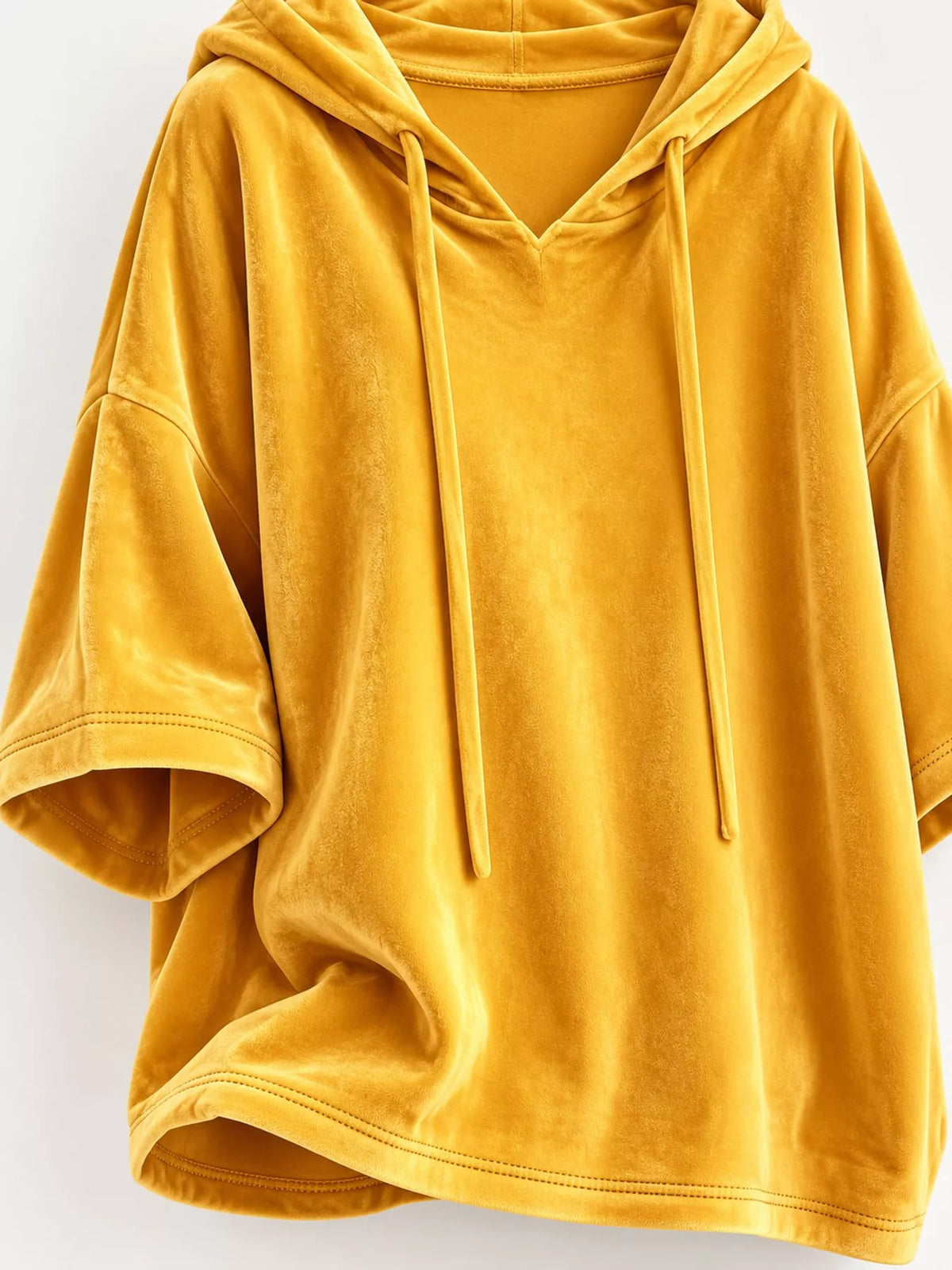 Yellow velvet half sleeve hoodie with drawstring, hood, drawstrings, sleeve hem, and lower hem
