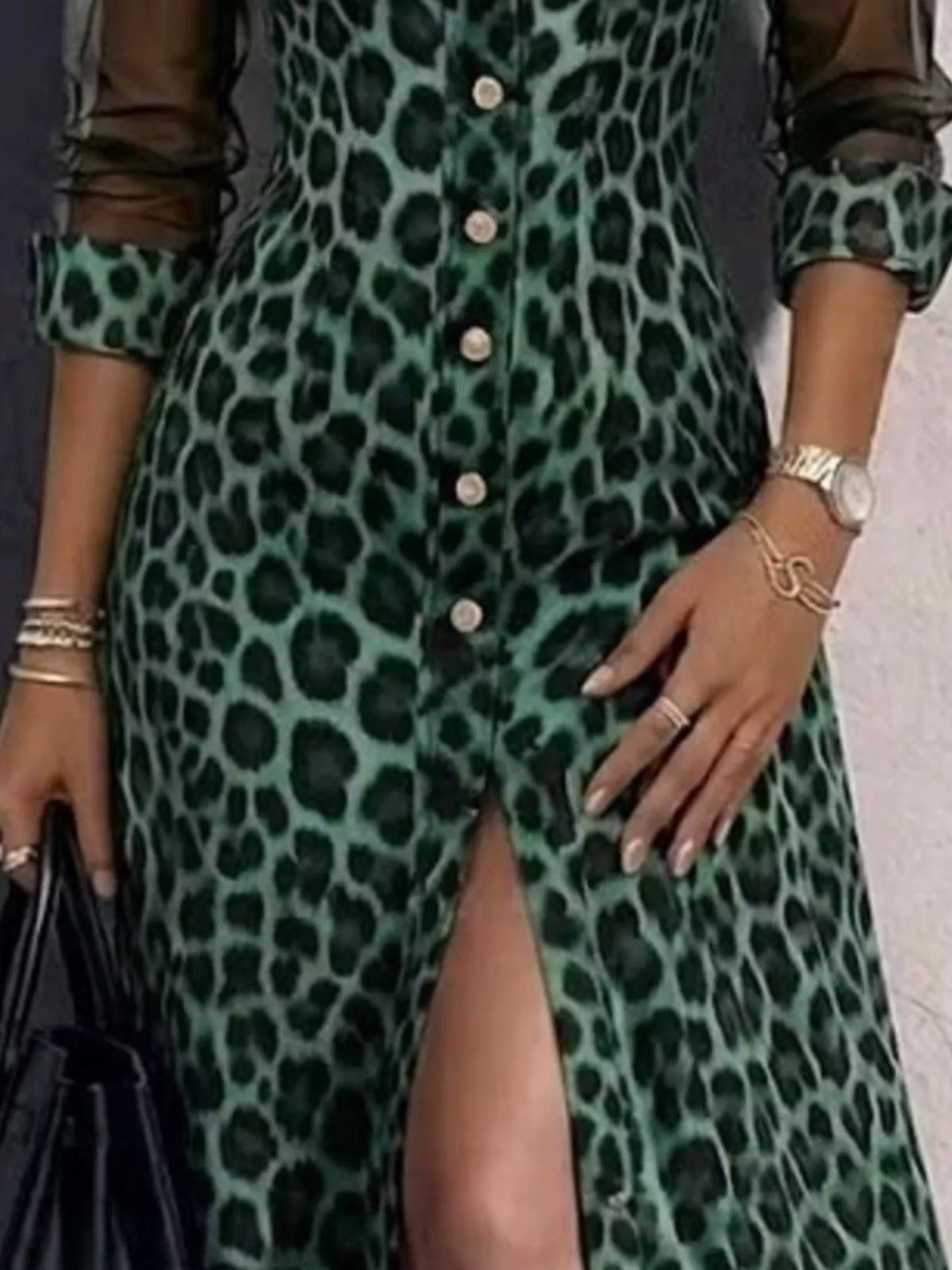 Women's Leopard Sheer Mesh Long Sleeve Button-Down Maxi Dress in Green, alternate view