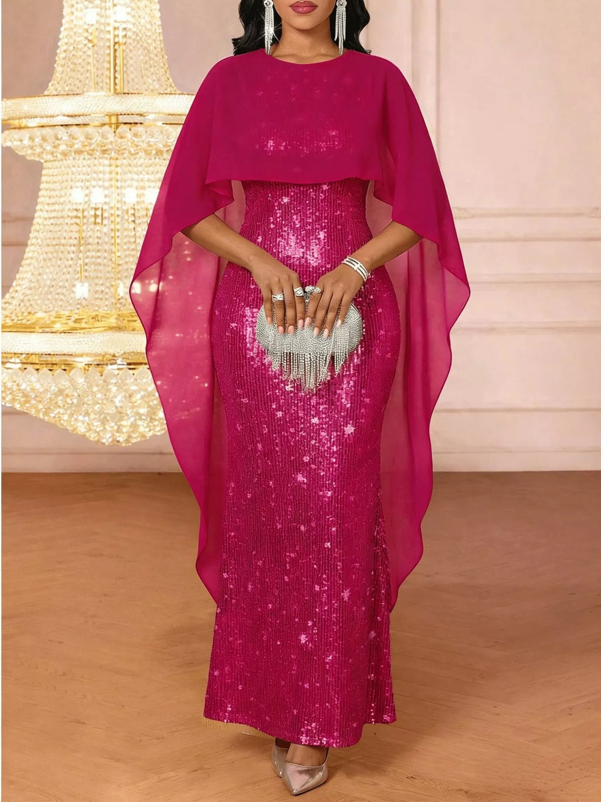 Women's Sequin Cape Overlay Evening Dress in fuchsia — front view