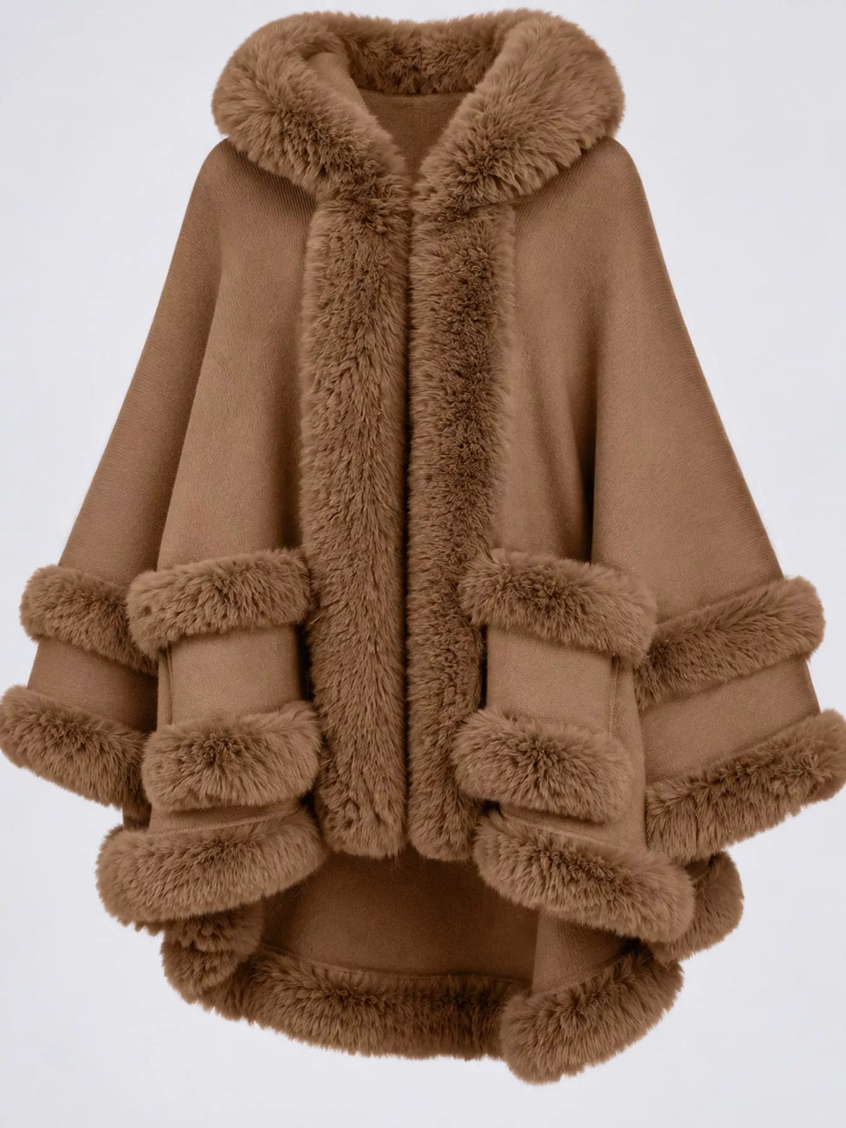 Faux-fur-trim cape, brown trim detail