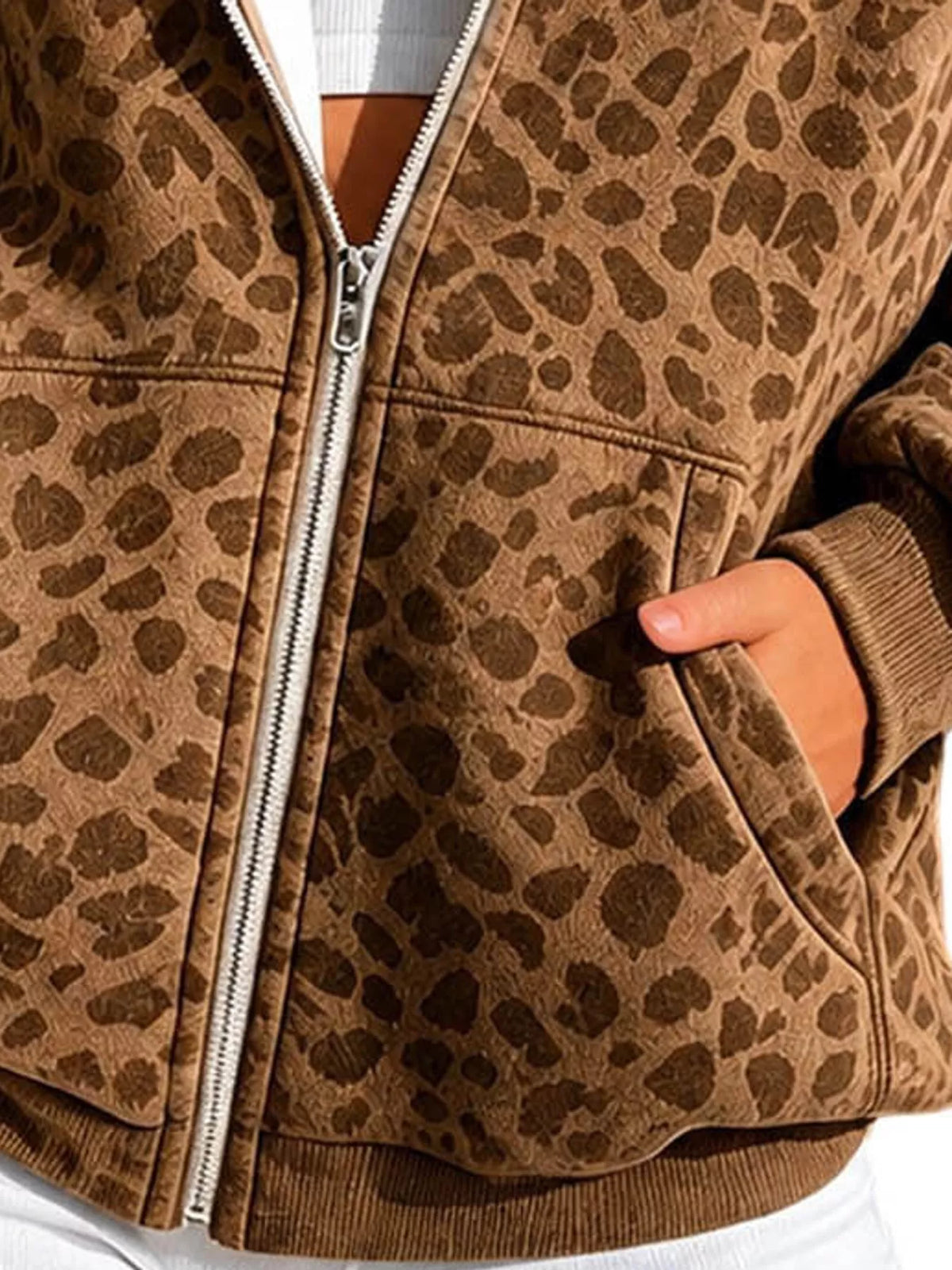 Women's Leopard Zip Up Hoodie in brown — pocket detail view