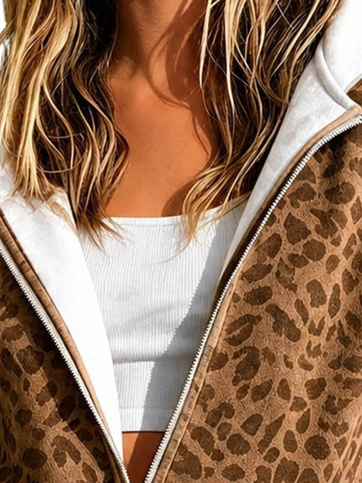 Women's Leopard Zip Up Hoodie in brown — neckline detail view