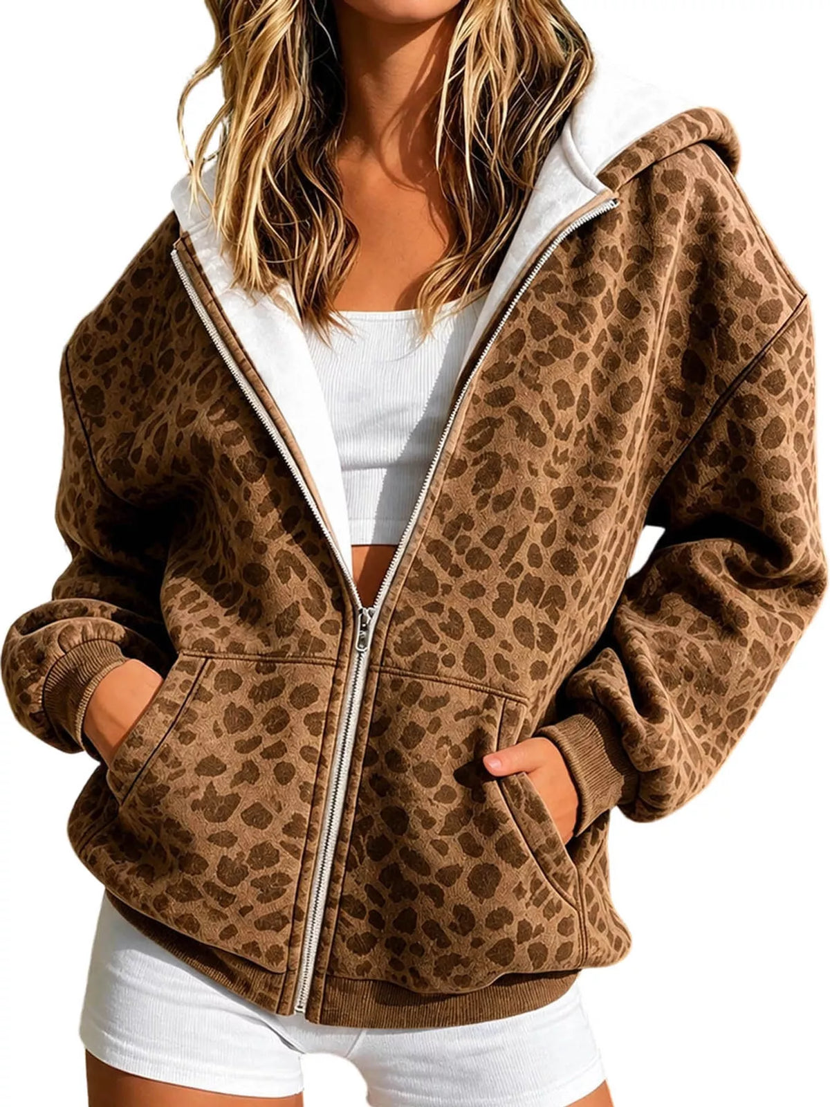Women's Leopard Zip Up Hoodie in brown — front view