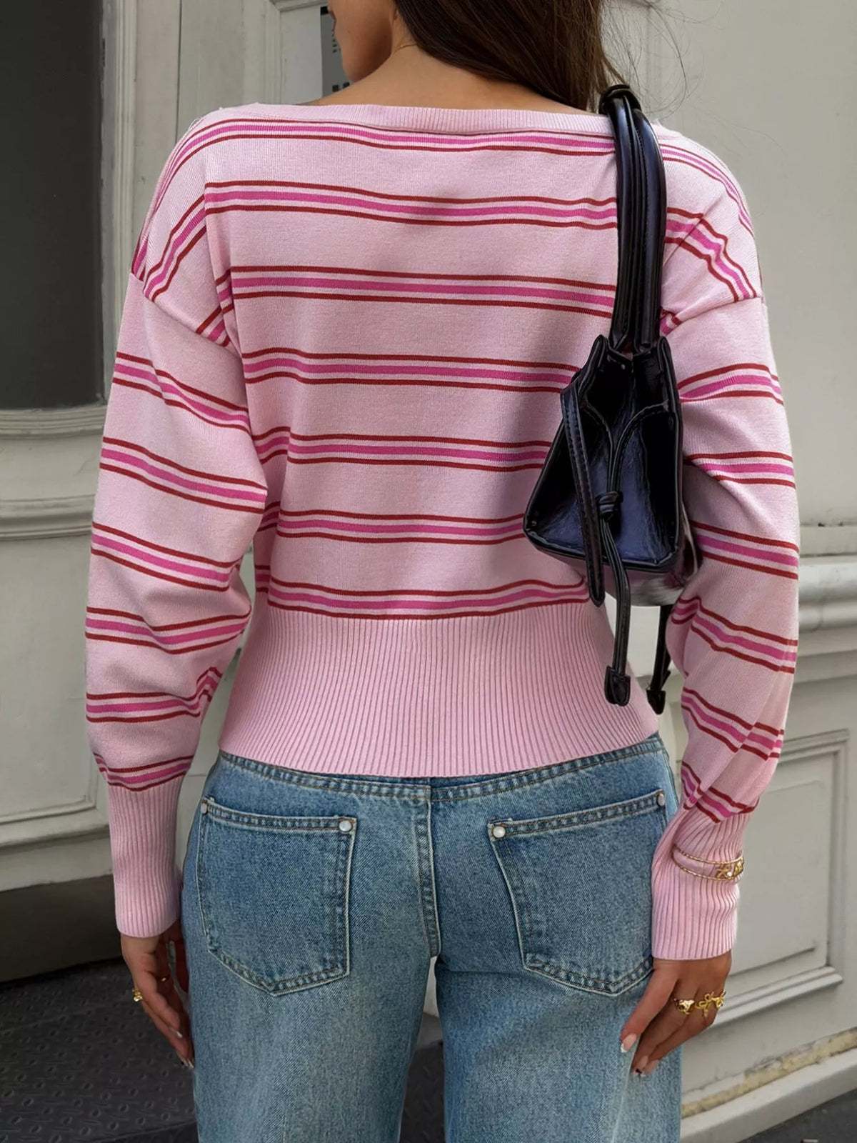 Pink off-shoulder striped knit top
