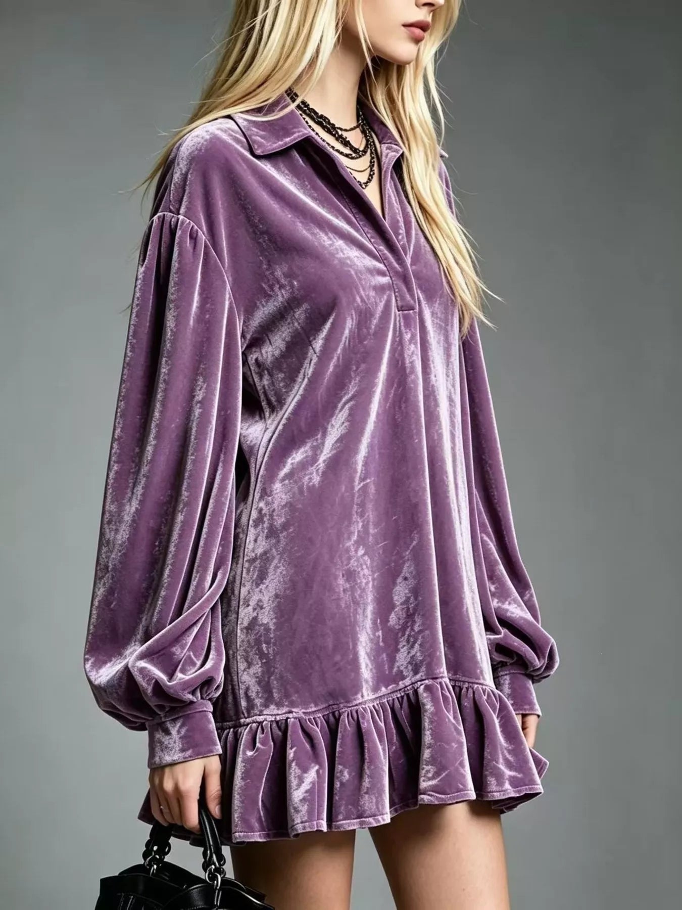 Trendsi Full Size Velvet Ruffled Hem Long Sleeve Dress Plus Size -