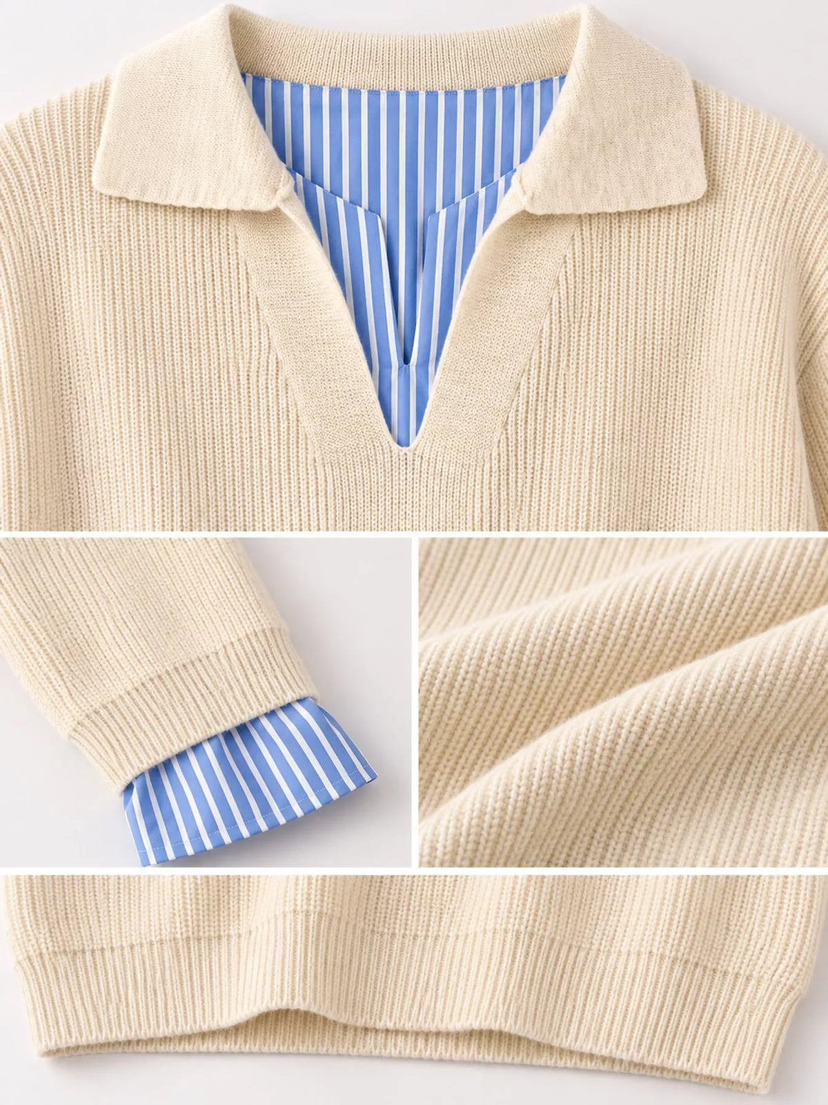 Cream layered look striped sweater, collar, striped cuffs, and knit texture