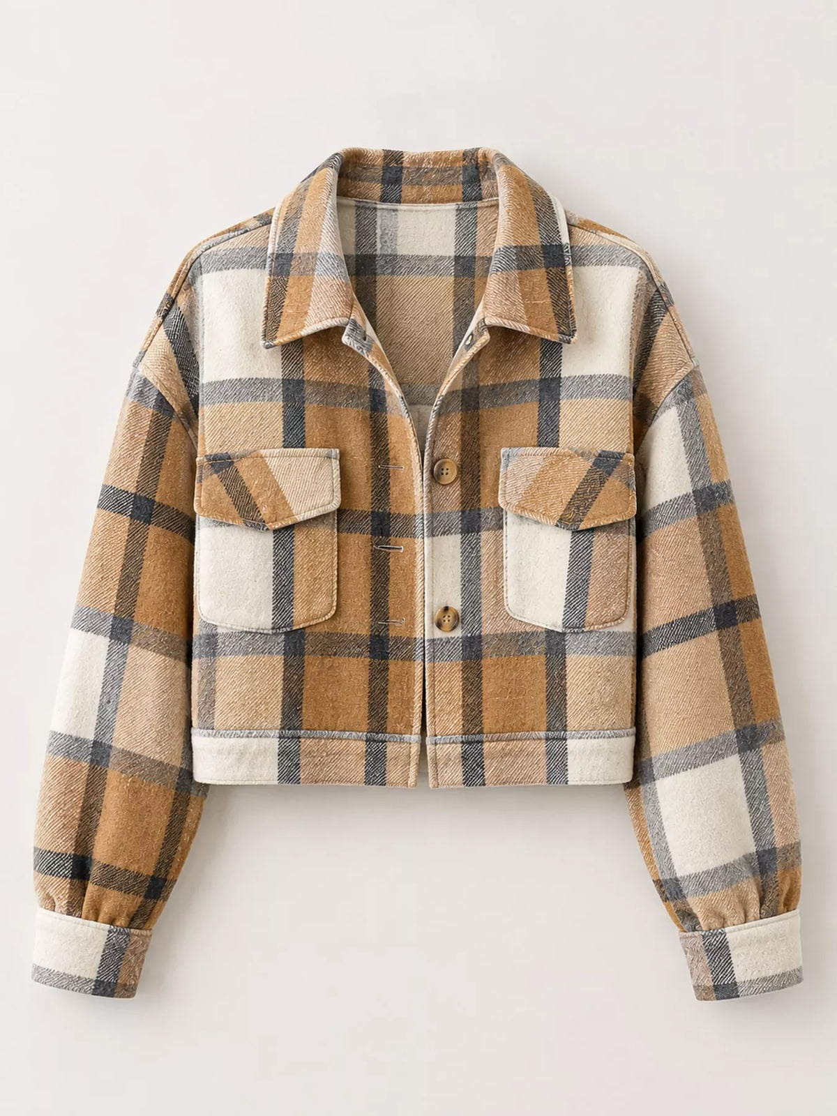 Plaid cropped jacket, tan plaid hanging front