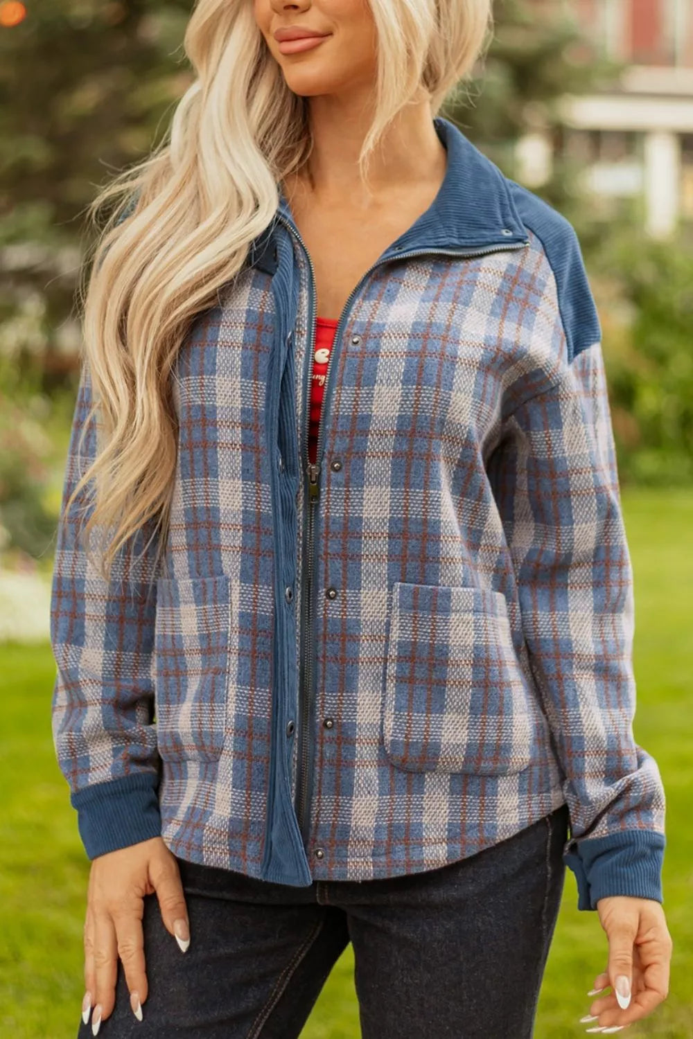 Trendsi Plaid Corduroy Patchwork Collared Zip Up Snap Button Jacket -