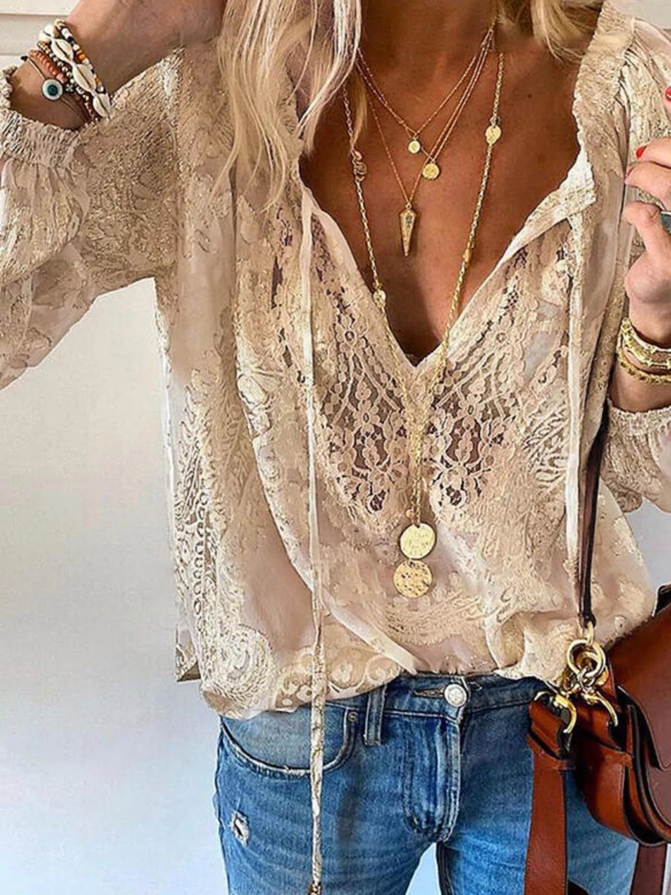 Trendsi Lace Tie Neck Long Sleeve Blouse -
